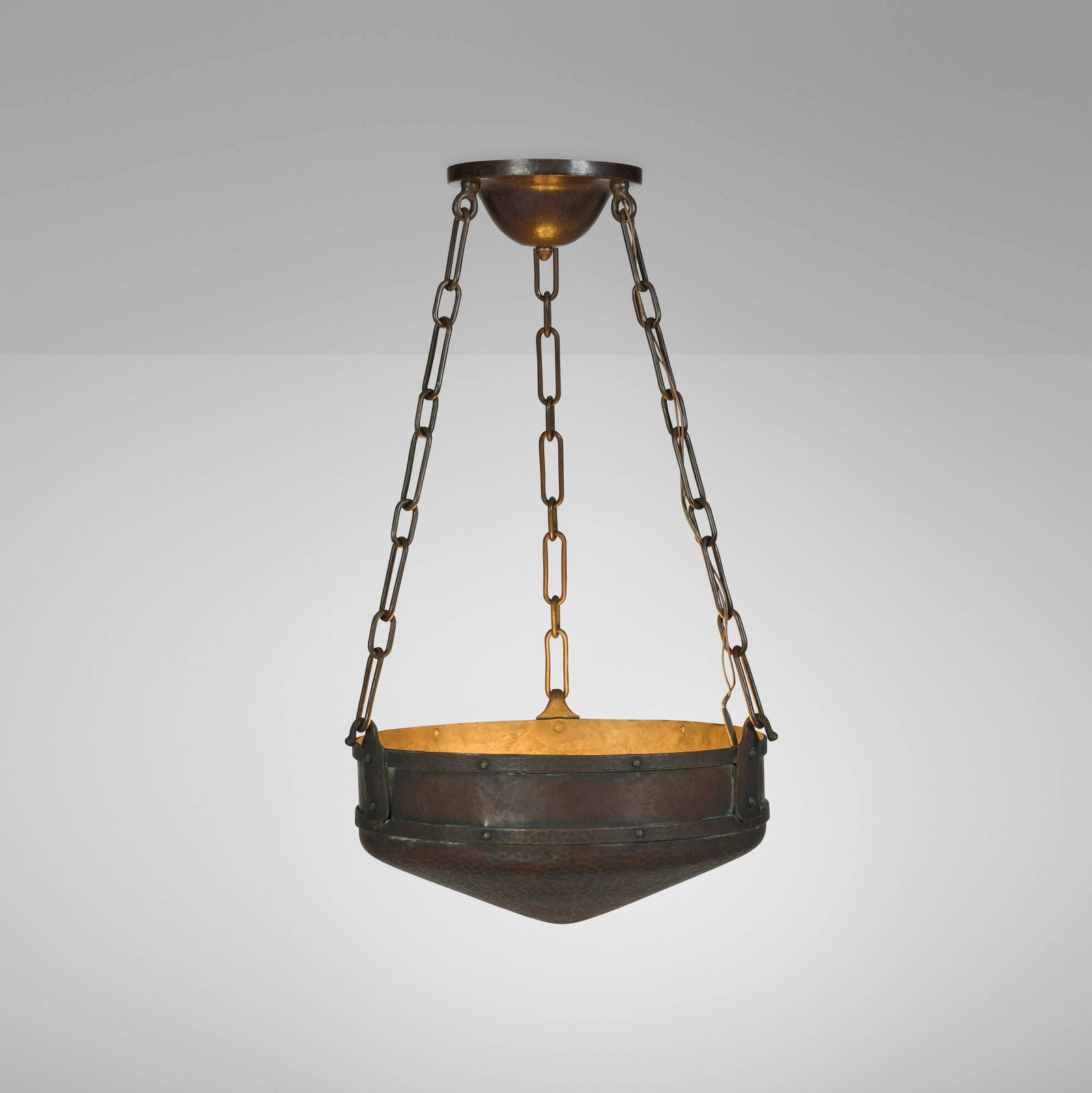 Roycroft, Chandelier from the Grove Park Inn, Asheville: Roycroft Chandelier from the Grove Park Inn, Asheville USA, c. 1910 handwrought copper 31.5 h x 18.5 dia in (80 x 47 cm) Impressed orb and cross mark to exterior of shade. Provenance: Grove Park Inn,