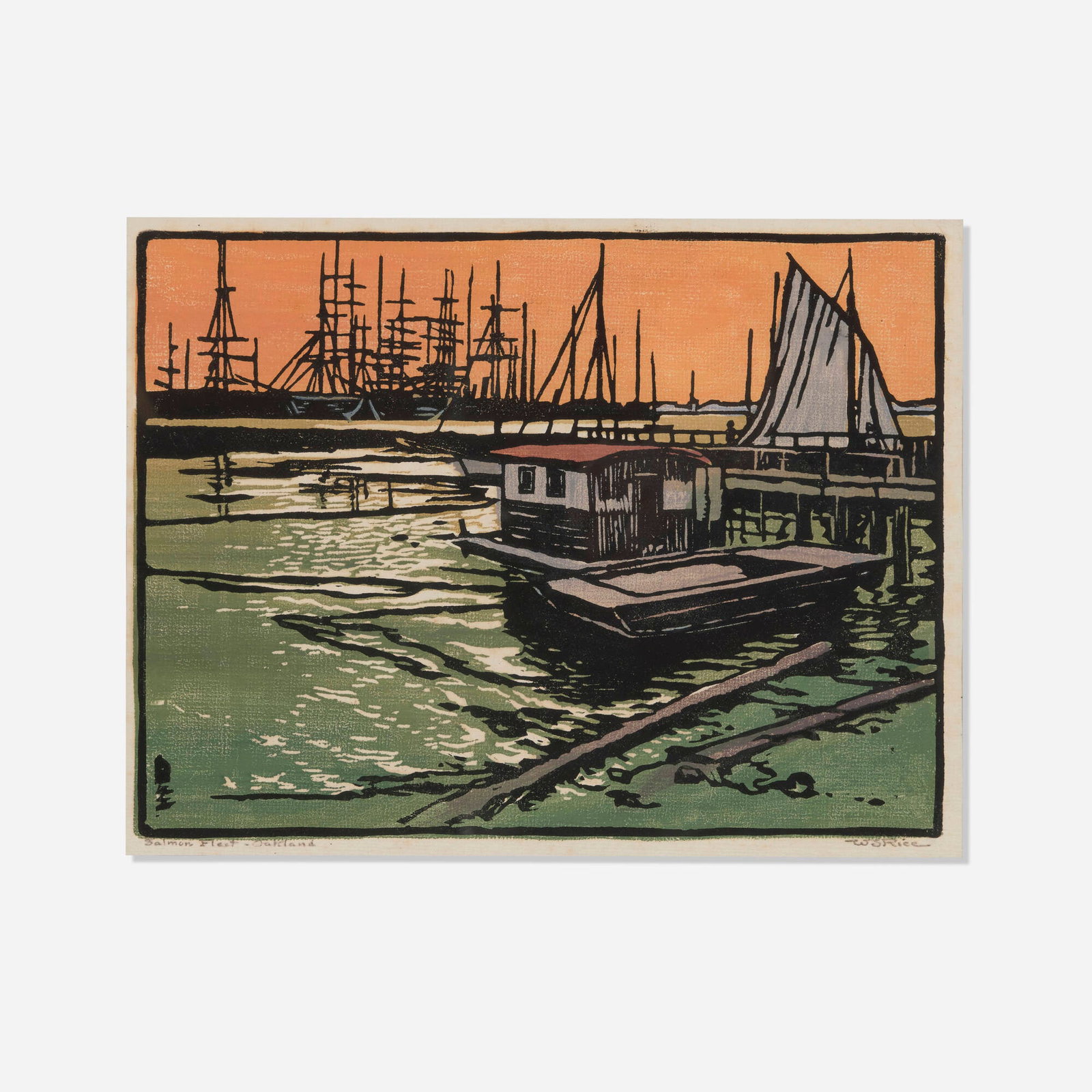 William S. Rice, Salmon Fleet - Oakland: William S. Rice Salmon Fleet - Oakland c. 1920 woodcut in colors image: 9 h x 12 w in (23 x 30 cm) sight: 9.5 h x 12.5 w in (24 x 32 cm) Signed and titled to lower margin 'Salmon Fleet - Oakland