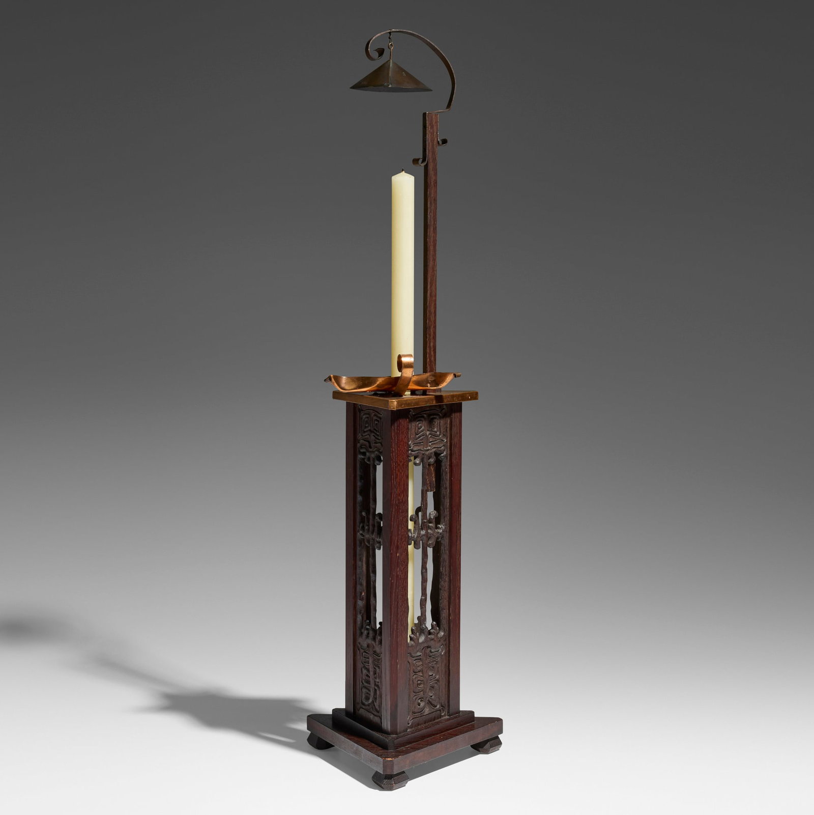 Charles Rohlfs, Candle stand: Charles Rohlfs Candle stand USA, 1902 oak, copper 25 h x 9.75 w x 9.5 d in (63 x 25 x 24 cm) Candle stand is adjustable and can be raised to a height of 37 inches. Carved and red wax-filled signature