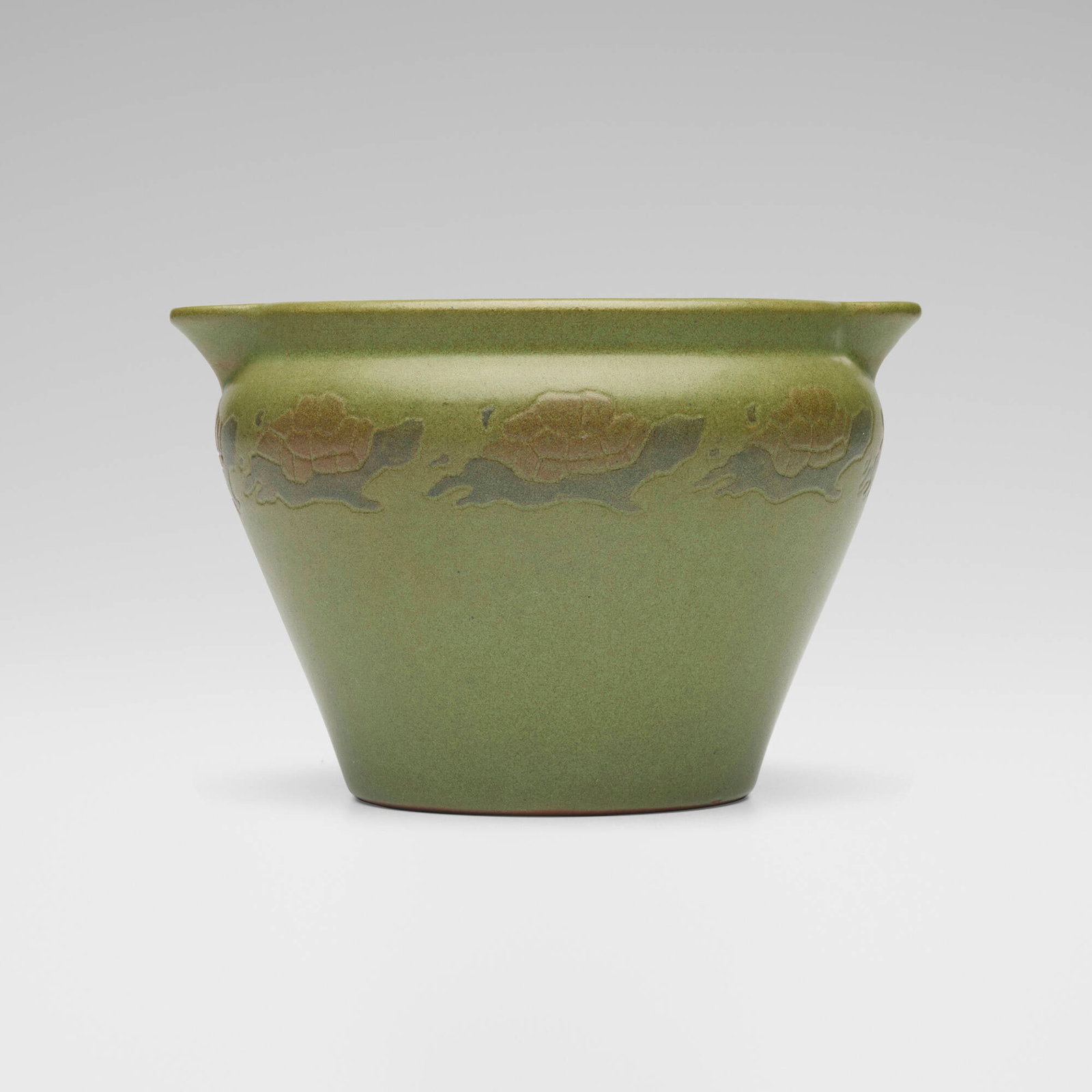 Arthur Hennessey for Marblehead Pottery, Irrigator with tortoises: Arthur Hennessey for Marblehead Pottery Irrigator with tortoises USA, 1909 glazed and incised earthenware 5.5 h x 8 w x 5.5 d in (14 x 20 x 14 cm) Impressed manufacturer's mark to underside
