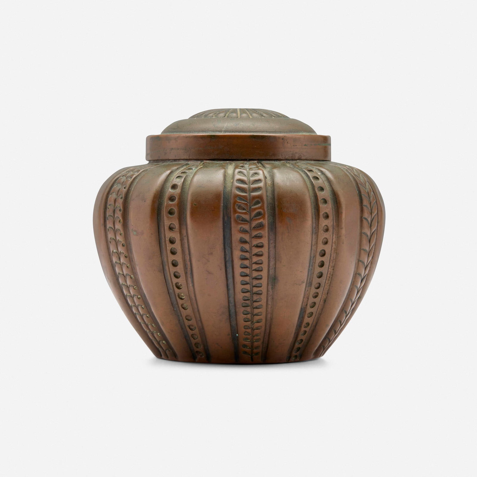 George P. Kendrick, Rare covered jar: George P. Kendrick Rare covered jar USA, c. 1900 handwrought copper 3.25 h x 3.5 dia in (8 x 9 cm) Impressed signature to underside 'G.P.K'. Literature: Th