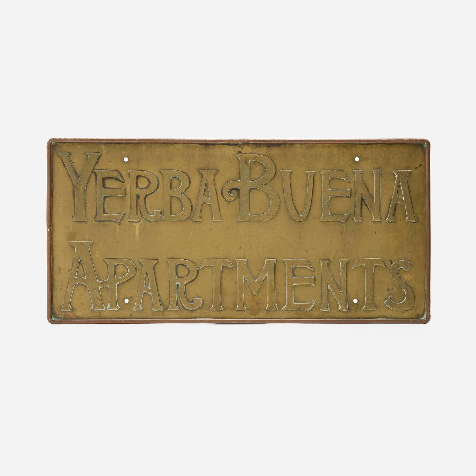 Dirk van Erp or William van Erp, attribution, Yerba Buena Apartments sign: Dirk van Erp or William van Erp, attribution Yerba Buena Apartments sign USA, c. 1925 handwrought brass and copper 12.25 h x 25.5 w x 0.75 d in (31 x 65 x 2 cm) This work will ship from Chicago,