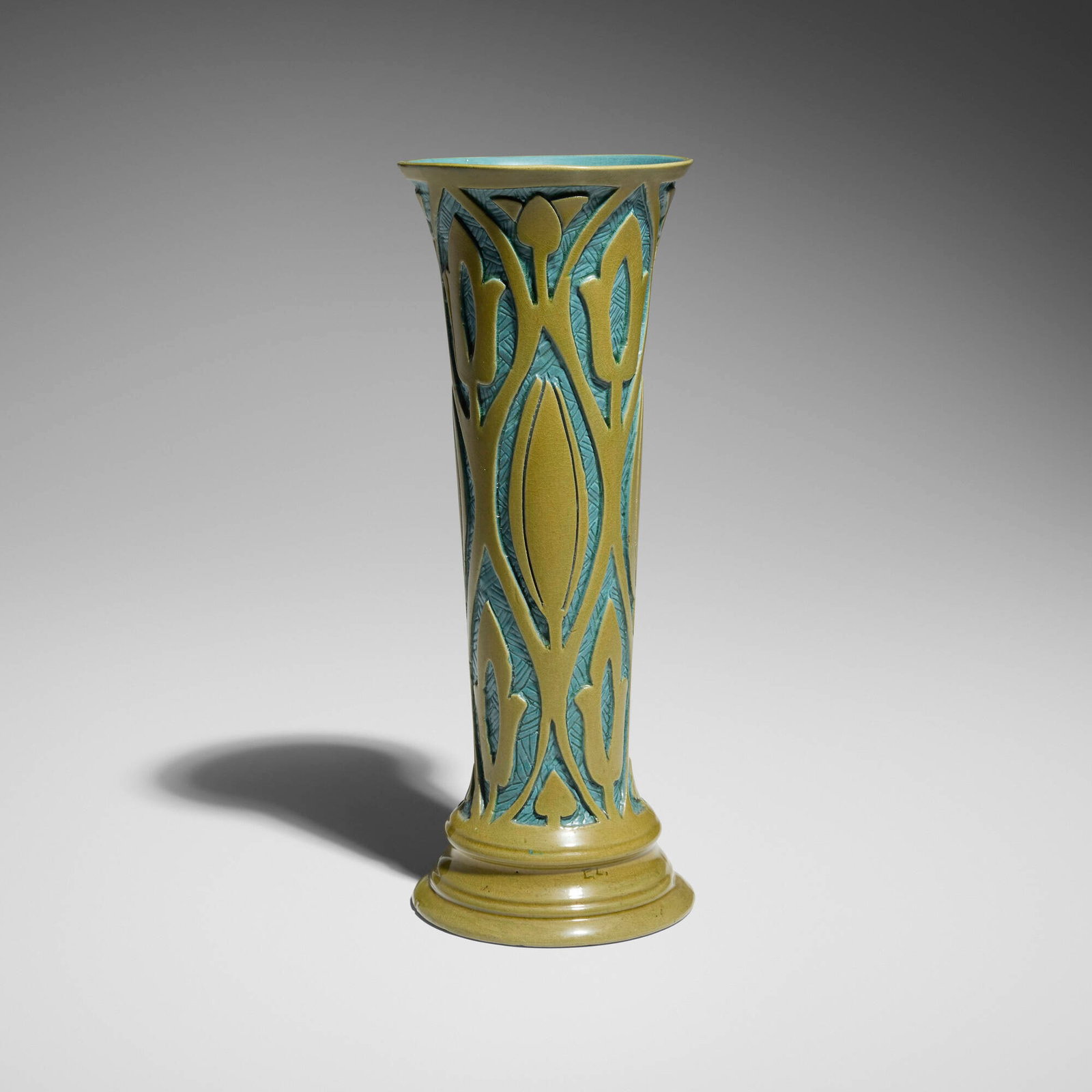 Elizabeth Lloyd for Roseville Pottery, Della Robbia vase with stylized tulips: Elizabeth Lloyd for Roseville Pottery Della Robbia vase with stylized tulips USA, c. 1905 glazed earthenware 11 h x 4 dia in (28 x 10 cm) Impressed manufacturer's mark to underside 'Rozane