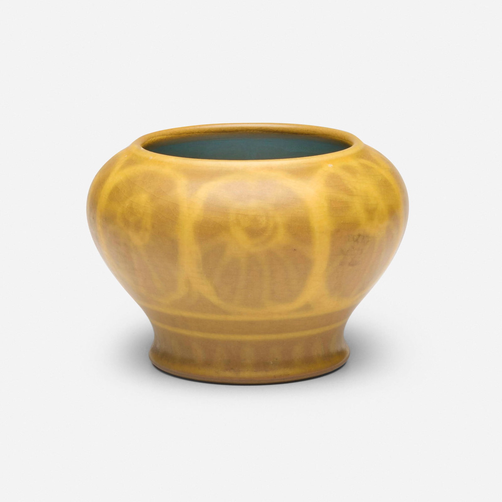 Arthur Eugene Baggs for Marblehead Pottery, Vase with stylized flowers: Arthur Eugene Baggs for Marblehead Pottery Vase with stylized flowers USA, 1926 glazed earthenware 3.875 h x 5.5 dia in (10 x 14 cm) Impressed manufacturer's mark to underside 'MP' with ship