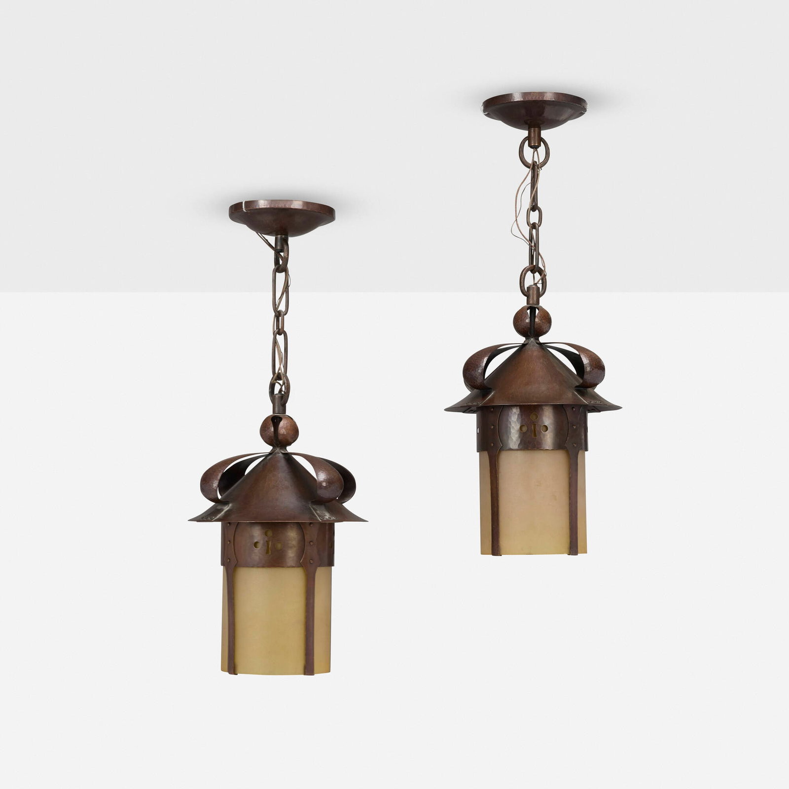 Michael Adams for Aurora Studios, Hanging lanterns, pair: Michael Adams for Aurora Studios Hanging lanterns, pair USA, 21st century handwrought and patinated copper, glass 15 h x 10 dia in (38 x 25 cm) These examples were made to resemble Gustav