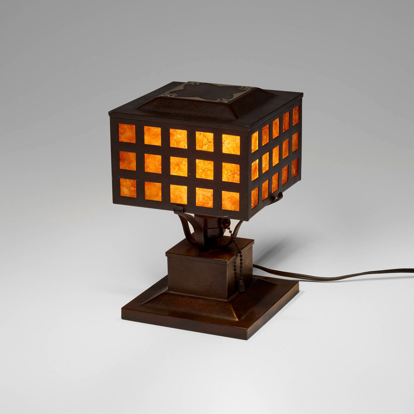 Heintz Art Metal Shop, Rare square boudoir lamp: Heintz Art Metal Shop Rare square boudoir lamp USA, c. 1915 bronze, sterling silver, mica 9.5 h x 6 w x 6 d in (24 x 15 x 15 cm) Decal manufacturer's label to underside 'Sterling Silver on