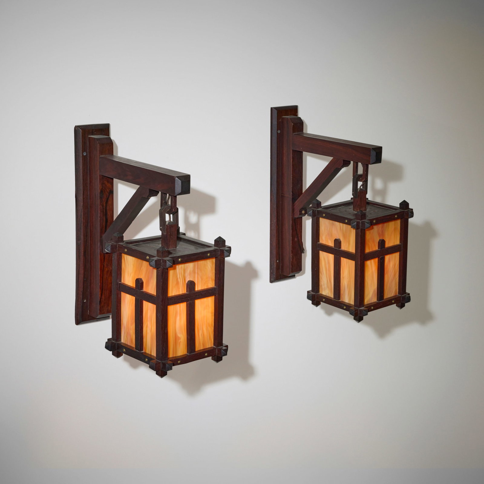 Arts & Crafts, Large sconces, pair: Arts & Crafts Large sconces, pair early 20th century mahogany, slag glass 20 h x 15 w x 9 d in (51 x 38 x 23 cm) Provenance: Collection of Stuart Solomon, Florence, MA This work will ship from