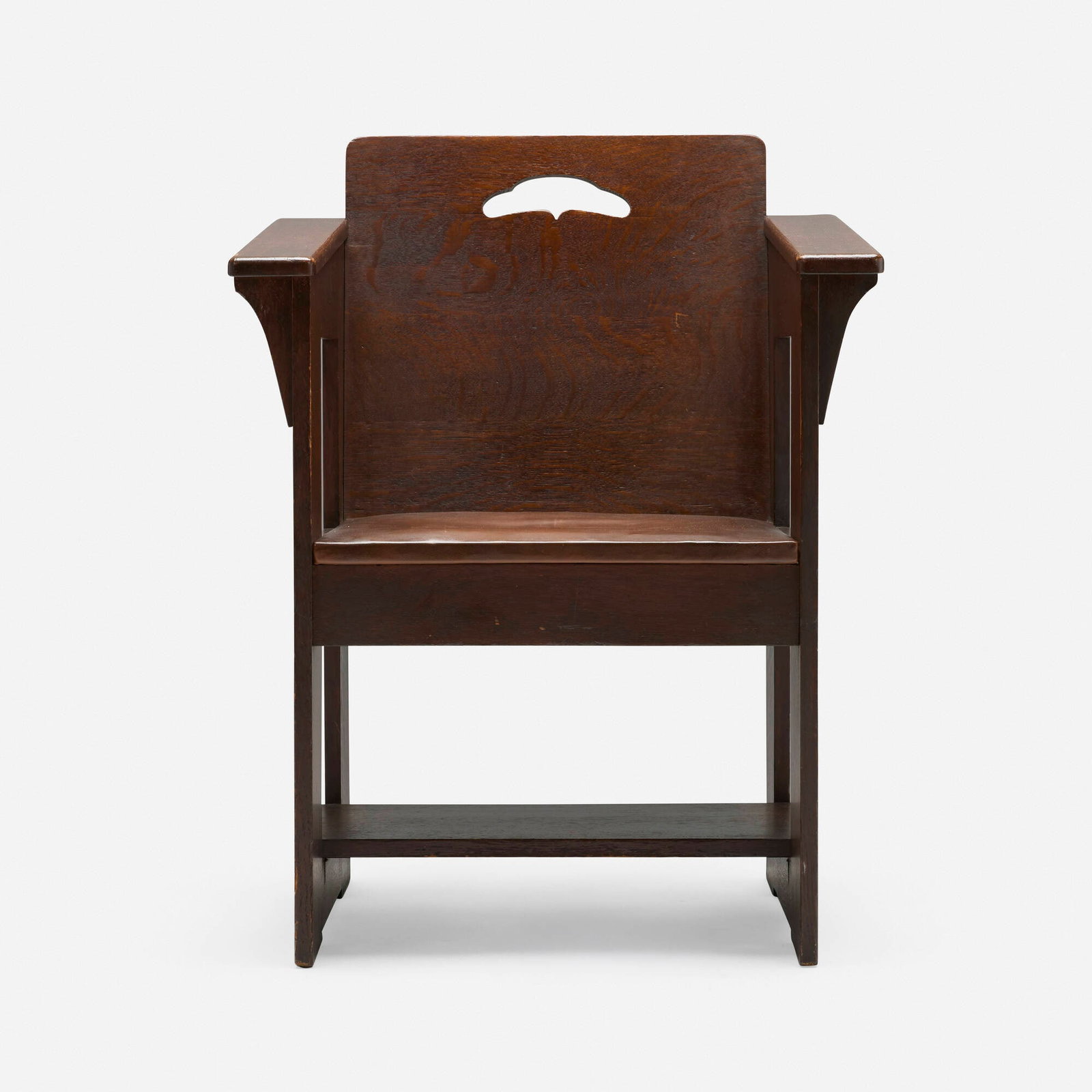 Limbert, Cafe chair, model 500: Limbert Cafe chair, model 500 USA, c. 1910 oak, leather 34 h x 25.5 w x 22 d in (86 x 65 x 56 cm) Branded manufacturer's mark to underside 'Limberts Arts & Crafts Furniture Made in Grand Rapids