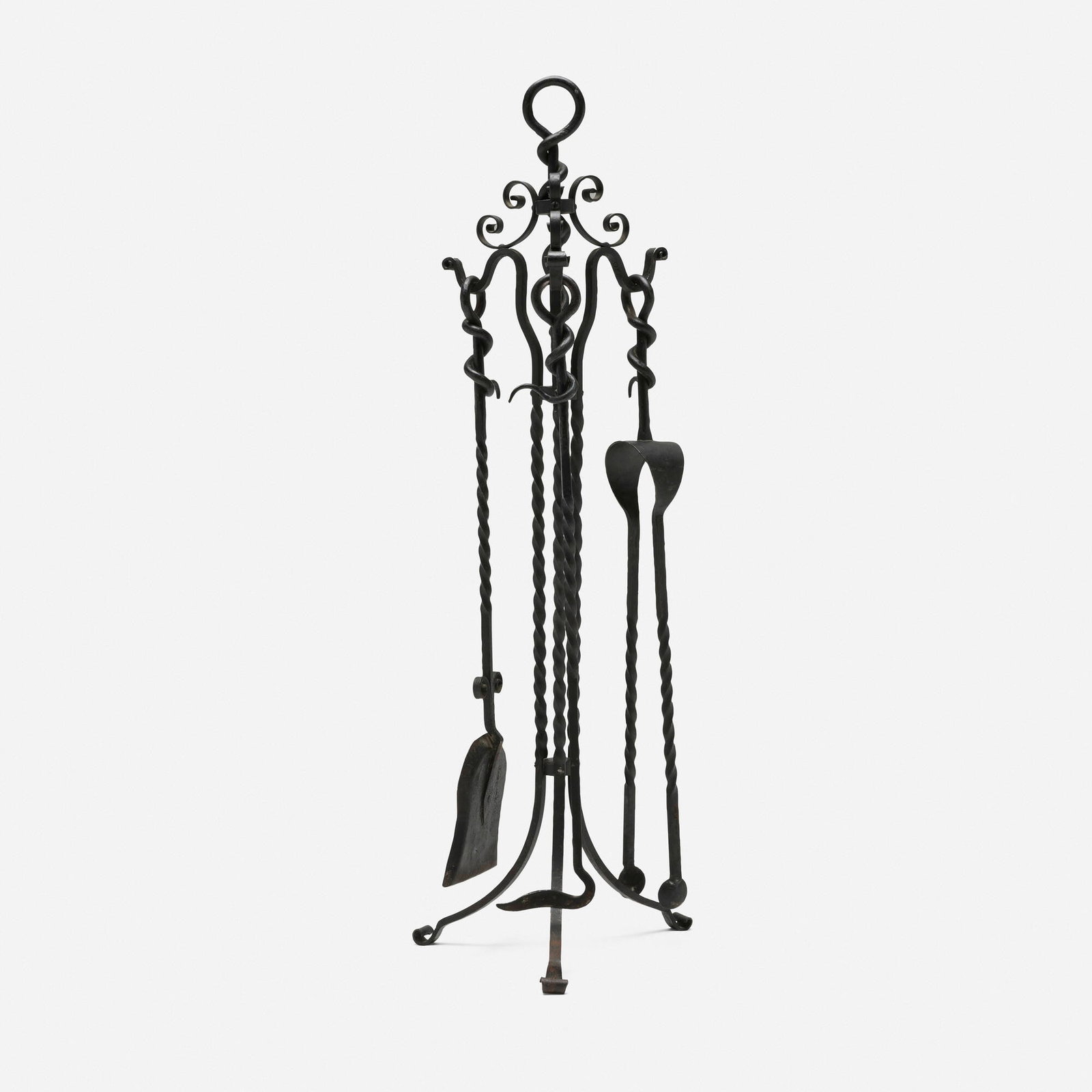 Arts & Crafts, Fireplace tool set on stand: Arts & Crafts Fireplace tool set on stand early 20th century wrought iron 42 h x 15 w x 15 d in (107 x 38 x 38 cm) Set is comprised of a shovel, tongs, poker, and stand. Provenance: Collection of