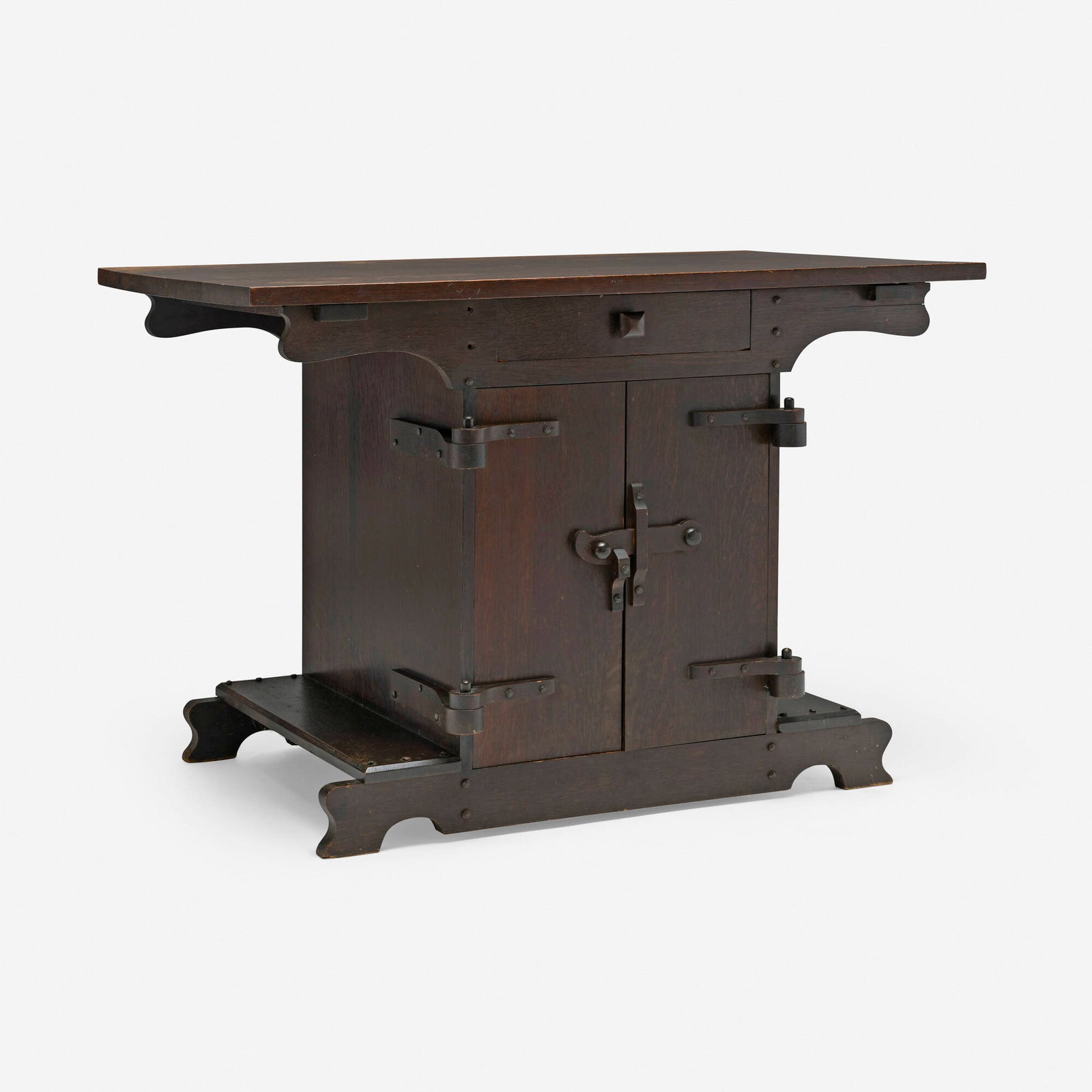 Jamestown Furniture Co., Serving table: Jamestown Furniture Co. Serving table c. 1910 oak 30 h x 43 w x 27 d in (76 x 109 x 69 cm) Table features one drawer and two doors concealing one fixed shelf. Provenance: Collection of Stuart