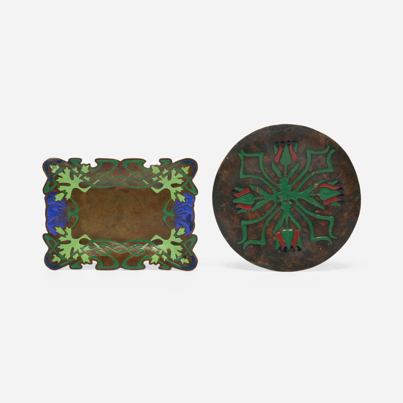 The Art Crafts Shop, Dishes, set of two: The Art Crafts Shop Dishes, set of two USA, c. 1920 enameled copper 7.5 h x 5.5 w x 0.25 d in (19 x 14 x 1 cm) 0.25 h x 7.25 dia in (1 x 18 cm) Impressed manufacturer's mark and number to