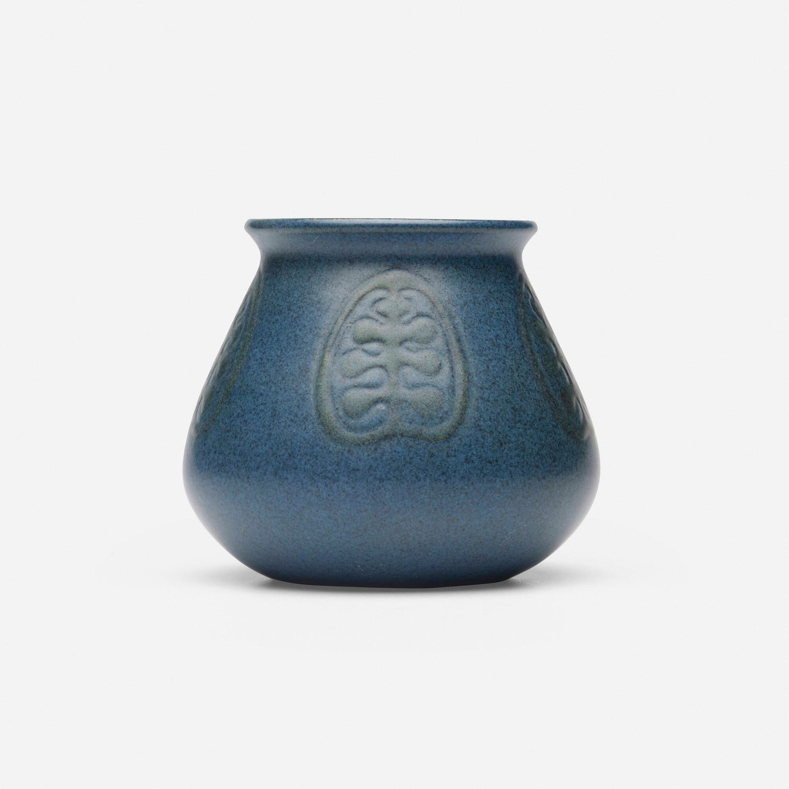 Maude Milner and Sarah Tutt for Marblehead Pottery, Vase with stylized palm leaves: Maude Milner and Sarah Tutt for Marblehead Pottery Vase with stylized palm leaves USA, 1908-1920 glazed and incised earthenware 3.75 h x 4.25 dia in (10 x 11 cm) Impressed manufacturer's mark to