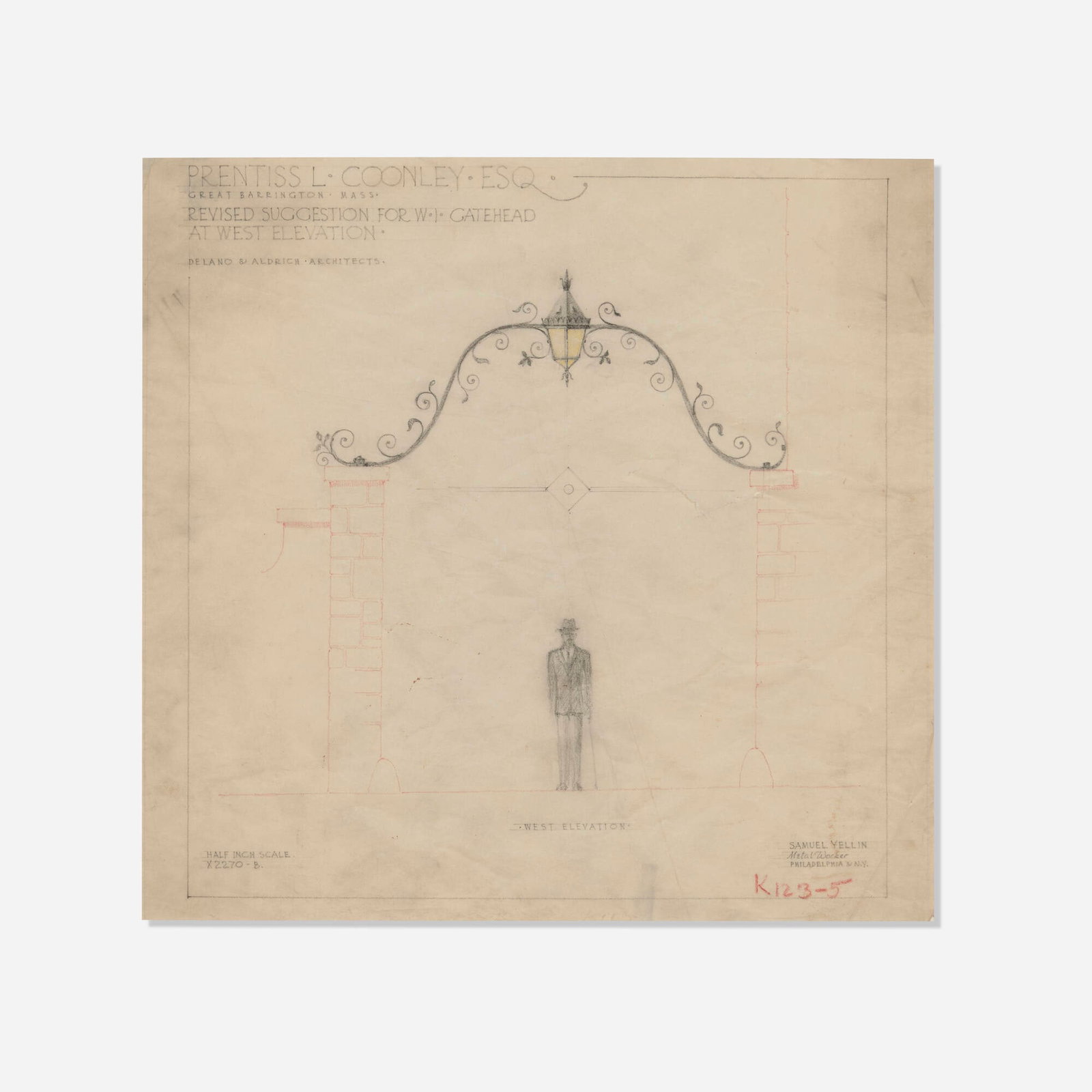 Samuel Yellin, Gate head drawing for Prentiss L. Coonley: Samuel Yellin Gate head drawing for Prentiss L. Coonley c. 1923 colored pencil and graphite on paper sight: 13.375 h x 13.25 w in (34 x 34 cm) The present work is an original sketch by Samuel Yellin