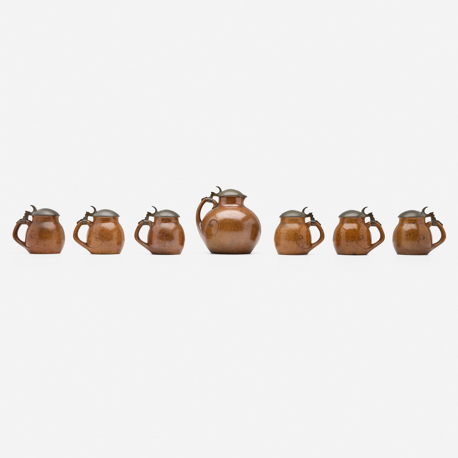 Richard Riemerschmid, Seven-piece drink set: Richard Riemerschmid Seven-piece drink set Reinhold Merkelbach Germany, c. 1903 glazed stoneware, pewter largest: 8.5 h x 7.5 w x 7 d in (22 x 19 x 18 cm) smallest: 5.75 h x 5.5 w x 4 d in (15 x 14 x