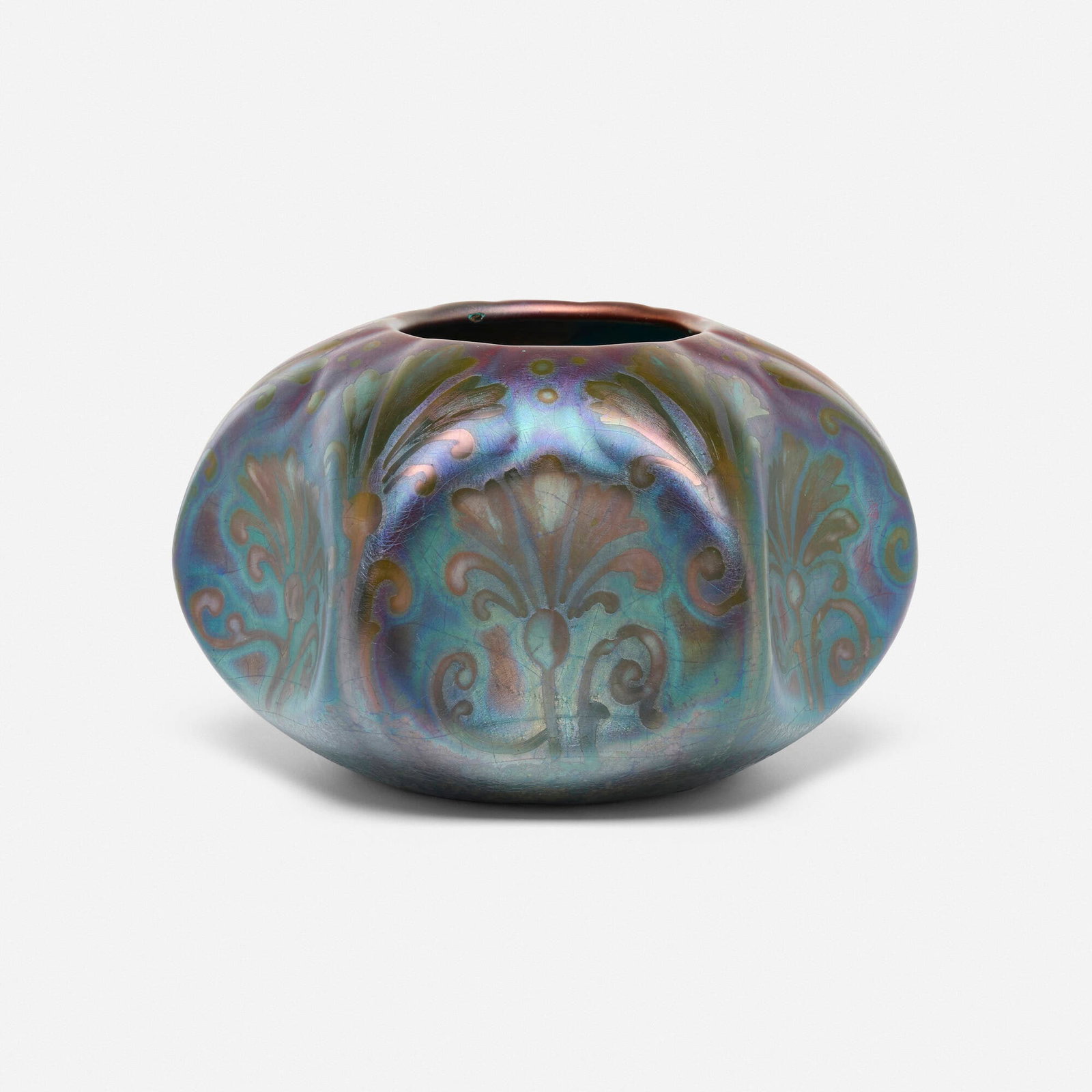 Jacques Sicard for Weller Pottery, Vase with stylized flowers: Jacques Sicard for Weller Pottery Vase with stylized flowers USA, 1903-17 glazed earthenware 3.75 h x 6 dia in (10 x 15 cm) Glazed signature and manufacturer's mark to lower edge 'Sic