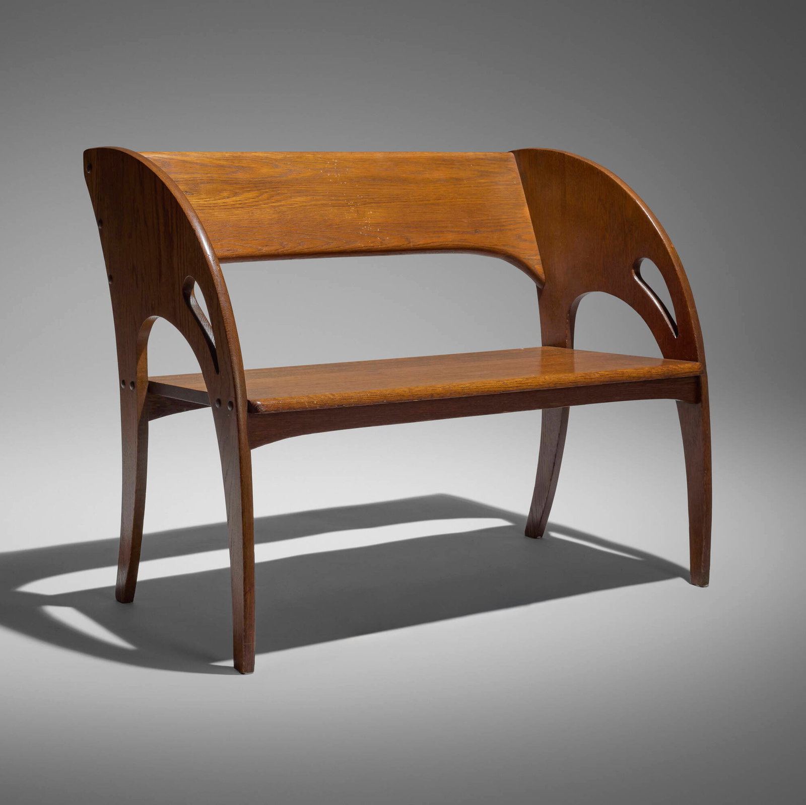 J.S. Ford, Johnson and Company, Settee: J.S. Ford, Johnson and Company Settee USA, c. 1904 oak 32 h x 39.5 w x 18 d in (81 x 100 x 46 cm) A chair of similar design is held in the collection of the Art Institute of Chicago. Provenance: