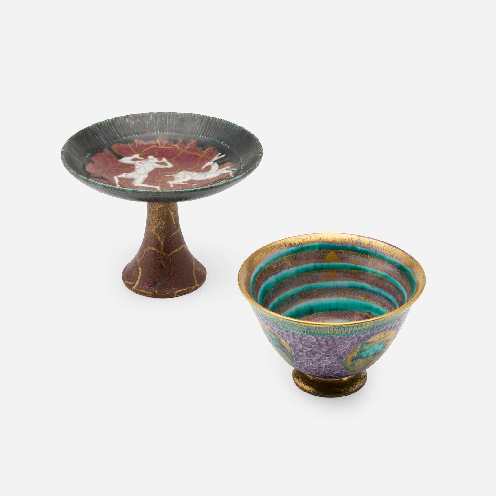 Jean Mayodon, Art Deco footed bowl and compote with stylized animals and figure: Jean Mayodon Art Deco footed bowl and compote with stylized animals and figure France, c. 1920 glazed and gilt stoneware 5 h x 6.75 dia in (13 x 17 cm) 3.75 h x 5.75 dia in (10 x 15 cm) Artist's
