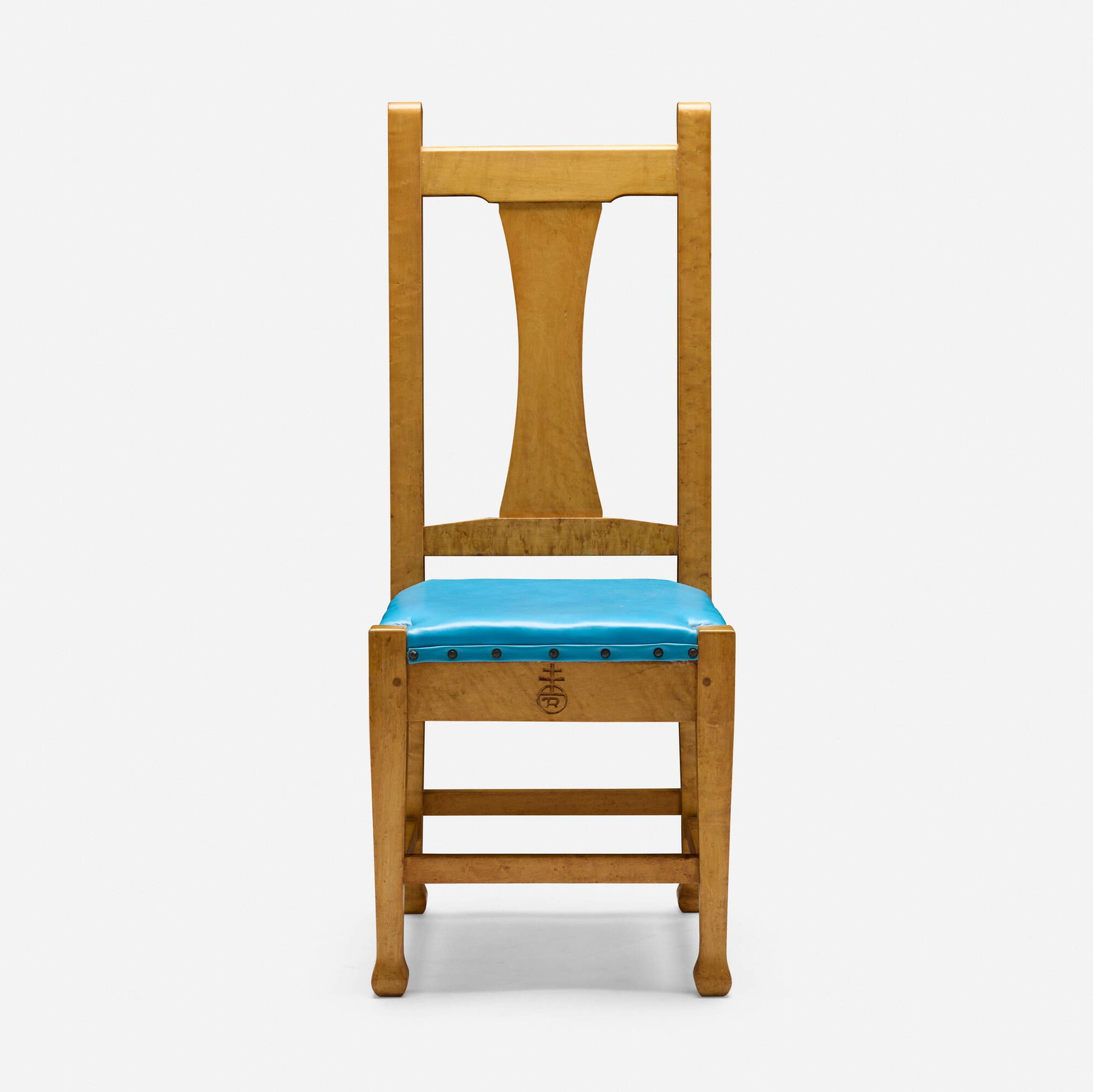 Roycroft, Chair, model 030 from the Roycroft Inn, East Aurora, New York: Roycroft Chair, model 030 from the Roycroft Inn, East Aurora, New York USA, c. 1905 bird's-eye maple, vinyl upholstery, brass tacks 43.5 h x 17 w x 17 d in (110 x 43 x 43 cm) Carved orb and cross