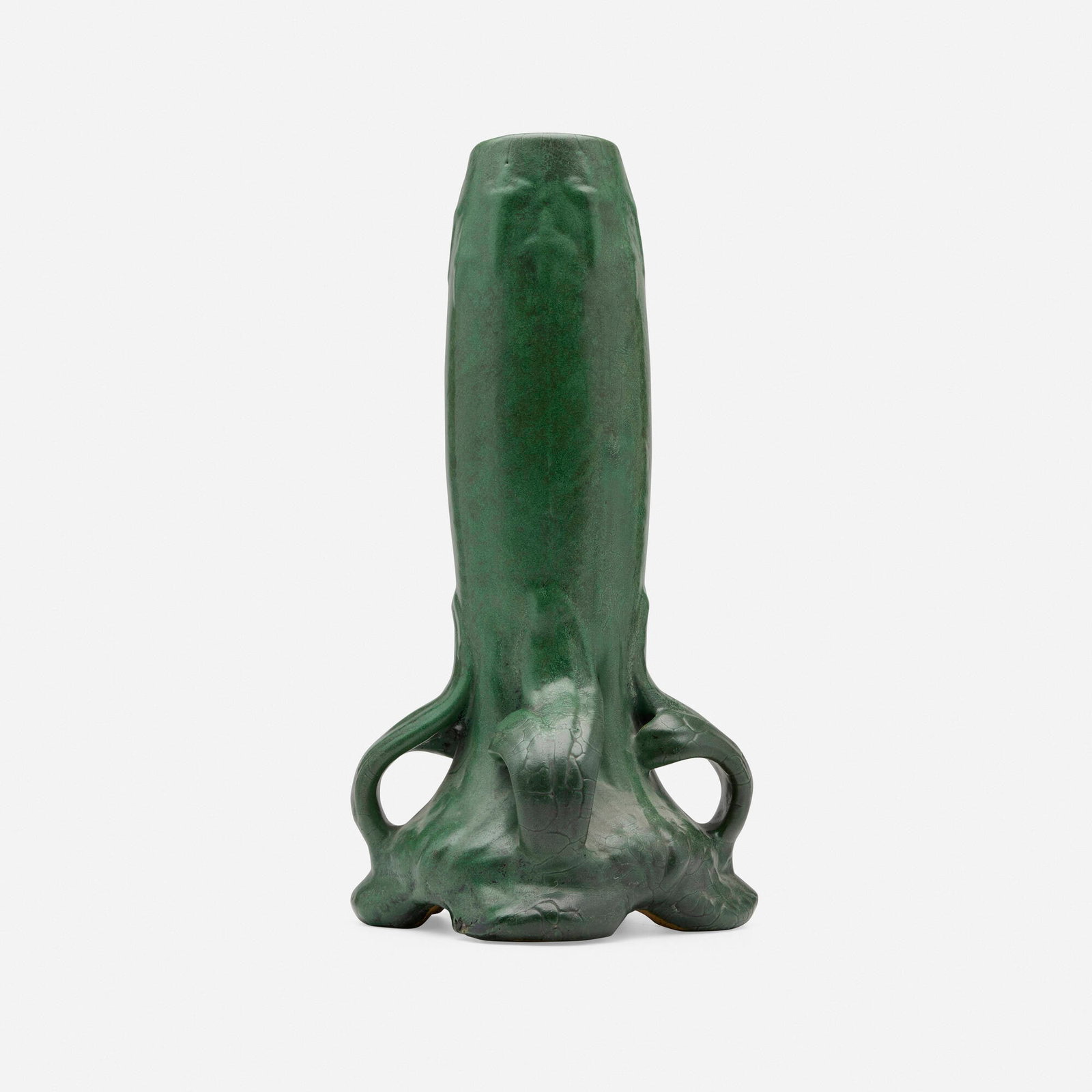 Weller Pottery, Matt Ware lamp base with Art Nouveau-style flowers and leaves: Weller Pottery Matt Ware lamp base with Art Nouveau-style flowers and leaves USA, c. 1910 glazed earthenware 14.25 h x 7.25 dia in (36 x 18 cm) Provenance: Collection of Barbar