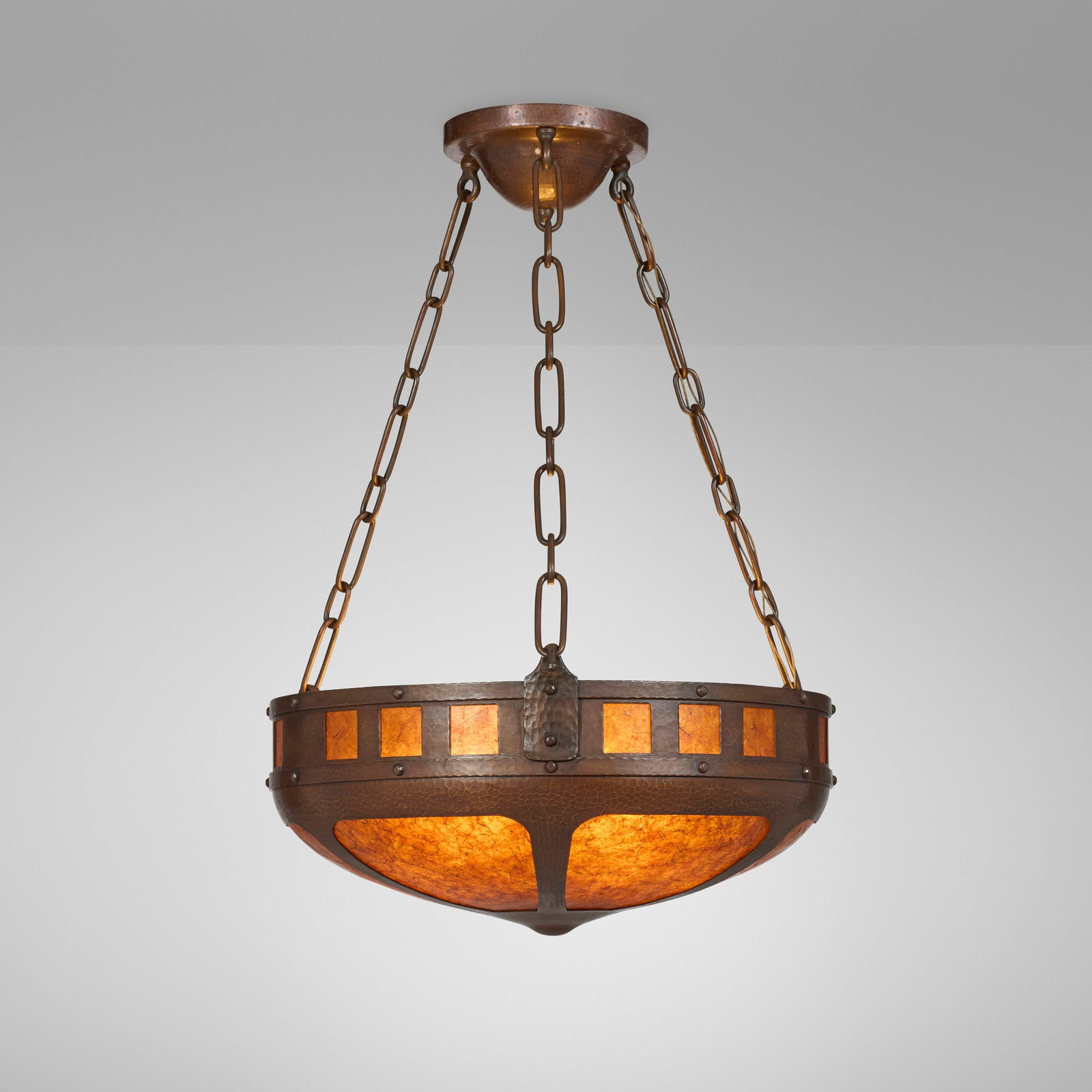 Michael Adams for Aurora Studios, Hanging lamp: Michael Adams for Aurora Studios Hanging lamp USA, 1998 handwrought copper, mica 32 h x 23.5 dia in (81 x 60 cm) Incised signature, manufacturer's mark, date and number to interior of shad