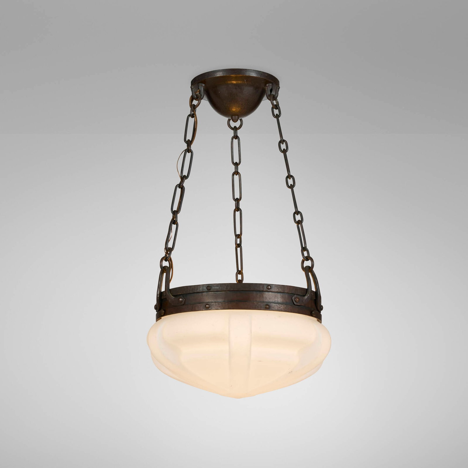 Victor Toothaker for Roycroft, Hanging lamp from the Grove Park Inn, Asheville: Victor Toothaker for Roycroft Hanging lamp from the Grove Park Inn, Asheville USA, c. 1910 handwrought copper, frosted glass 28 h x 16.75 dia in (71 x 43 cm) Impressed orb and cross mark to fixture.