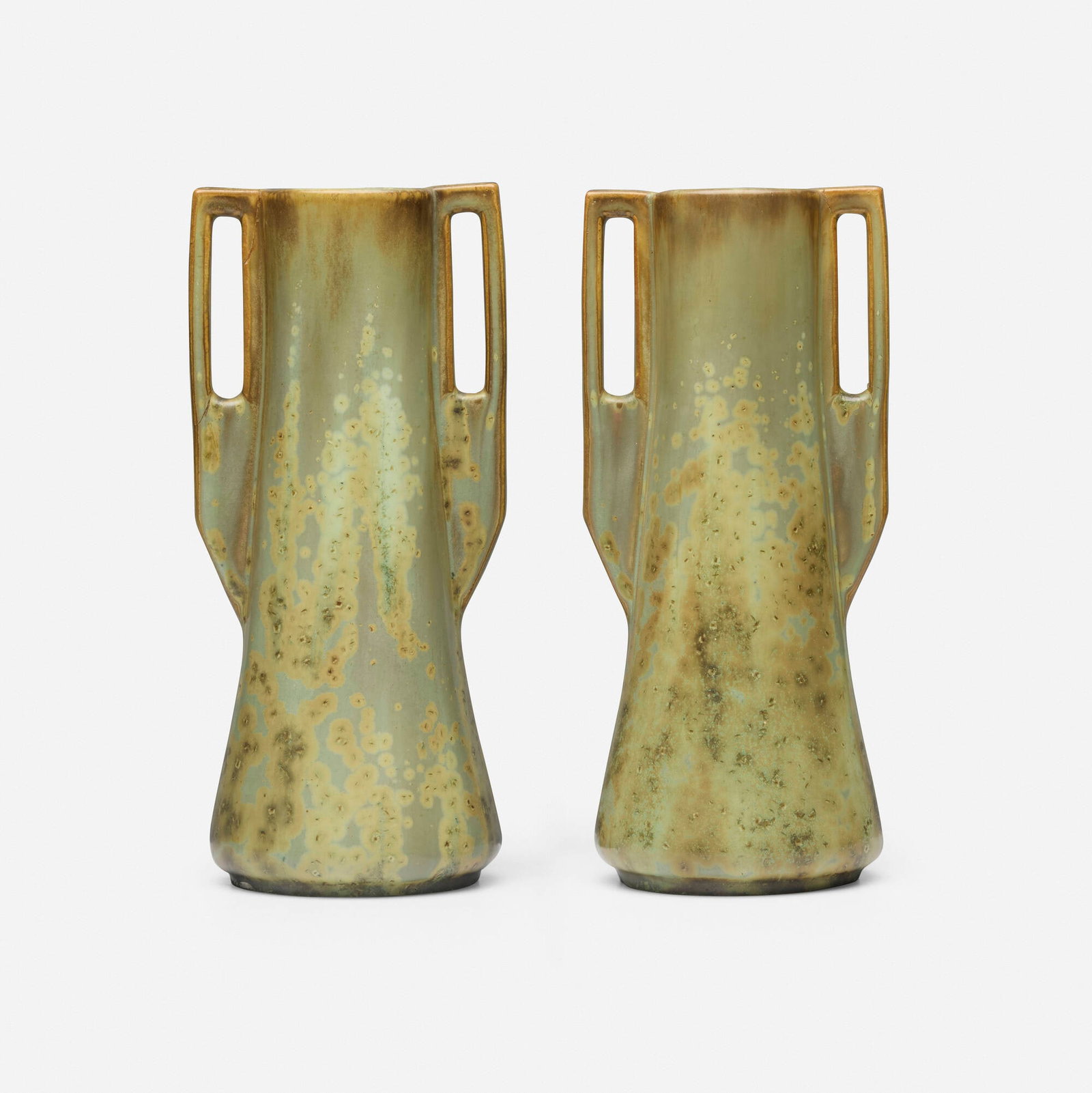 Fulper Pottery, Vases, pair: Fulper Pottery Vases, pair USA, 1909-1917 Cucumber Crystalline-glazed stoneware 11 h x 4.875 dia in (28 x 12 cm) Stamped rectangular manufacturer's mark to each example 'Fulper'. This