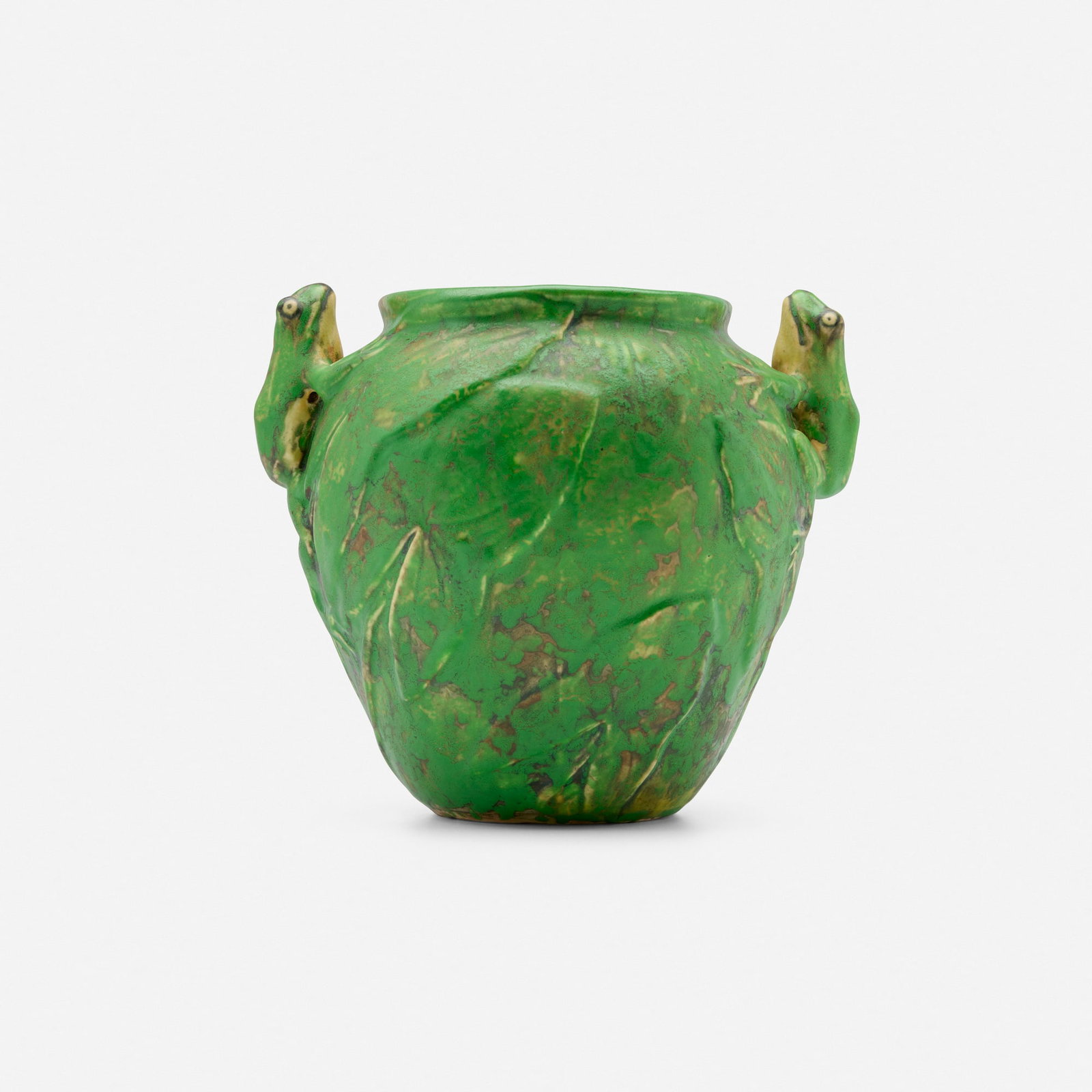 Weller Pottery, Coppertone Double Frog vase with arrowhead leaves: Weller Pottery Coppertone Double Frog vase with arrowhead leaves USA, c. 1930 glazed earthenware 7.75 h x 9 dia in (20 x 23 cm) Incised manufacturer's mark to underside 'Weller Pottery'.