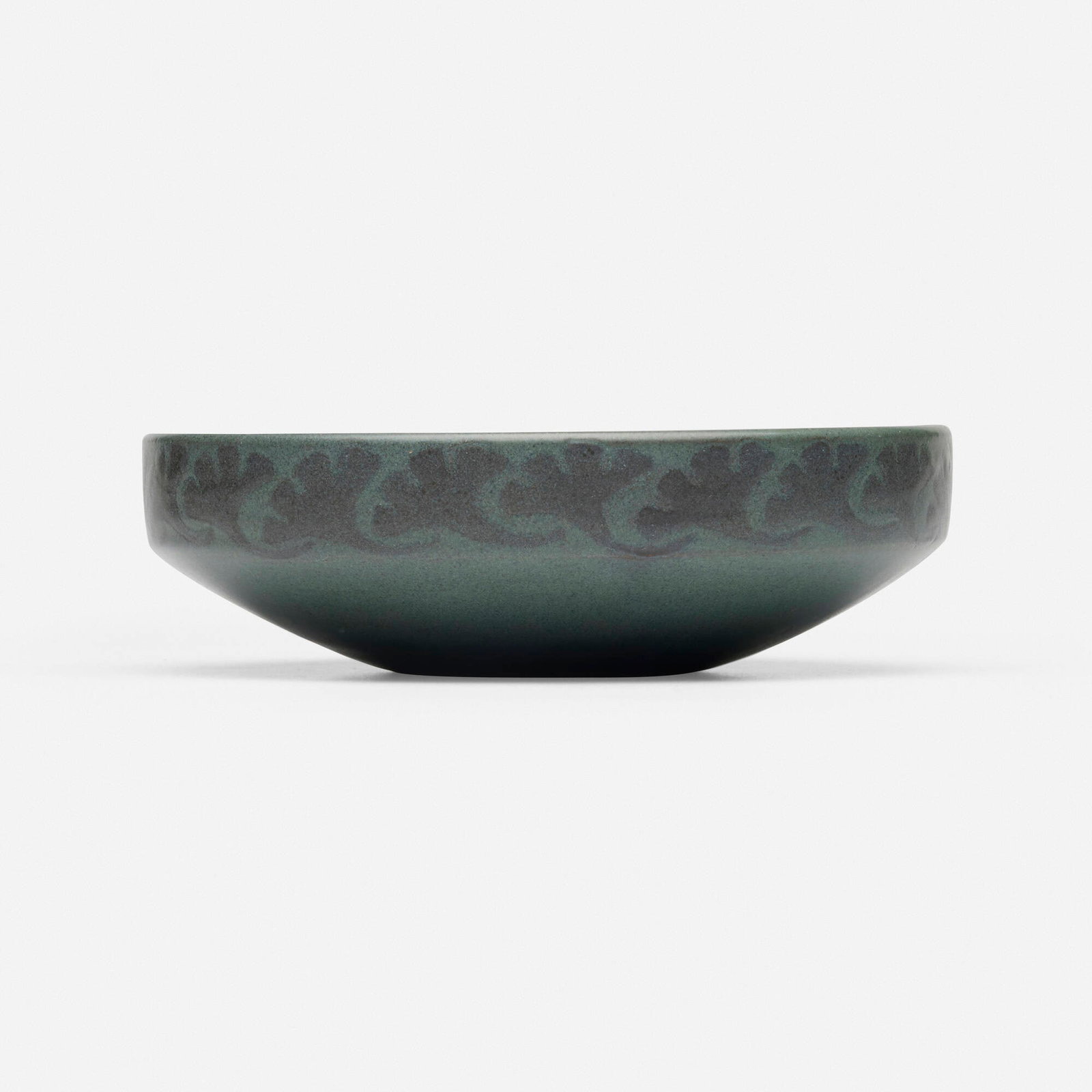 Maude Milner and Sarah Tutt for Marblehead Pottery, Low bowl with ginkgo leaves: Maude Milner and Sarah Tutt for Marblehead Pottery Low bowl with ginkgo leaves USA, 1908-1920 glazed and incised earthenware 2.5 h x 8.75 dia in (6 x 22 cm) Impressed manufacturer's mark to