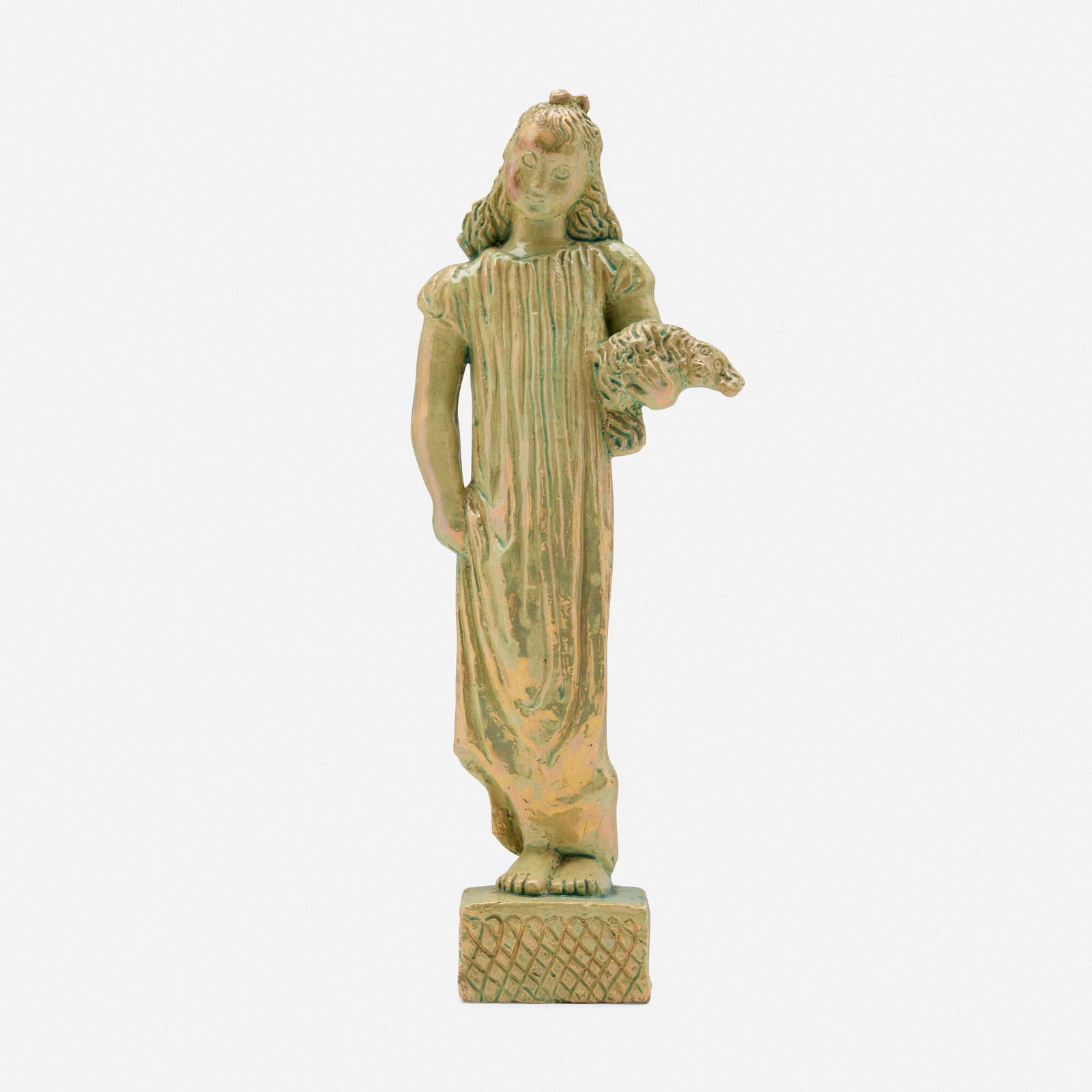 Gwen Lux for Pewabic Pottery, Young Girl with Dog sculpture: Gwen Lux for Pewabic Pottery Young Girl with Dog sculpture USA, c. 1925 iridescent-glazed earthenware 11.5 h x 4 w x 2.25 d in (29 x 10 x 6 cm) Incised signature and manufacturer's mark to