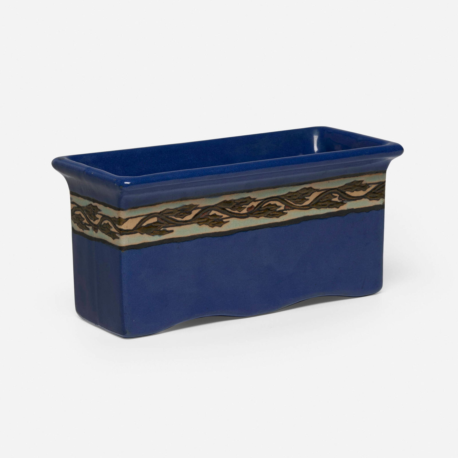 Albina Mangini for Saturday Evening Girls, Planter with holly leaves: Albina Mangini for Saturday Evening Girls Planter with holly leaves USA, 1917 glazed earthenware 3.5 h x 7.75 w x 3.75 d in (9 x 20 x 10 cm) Glazed manufacturer's mark and date to underside