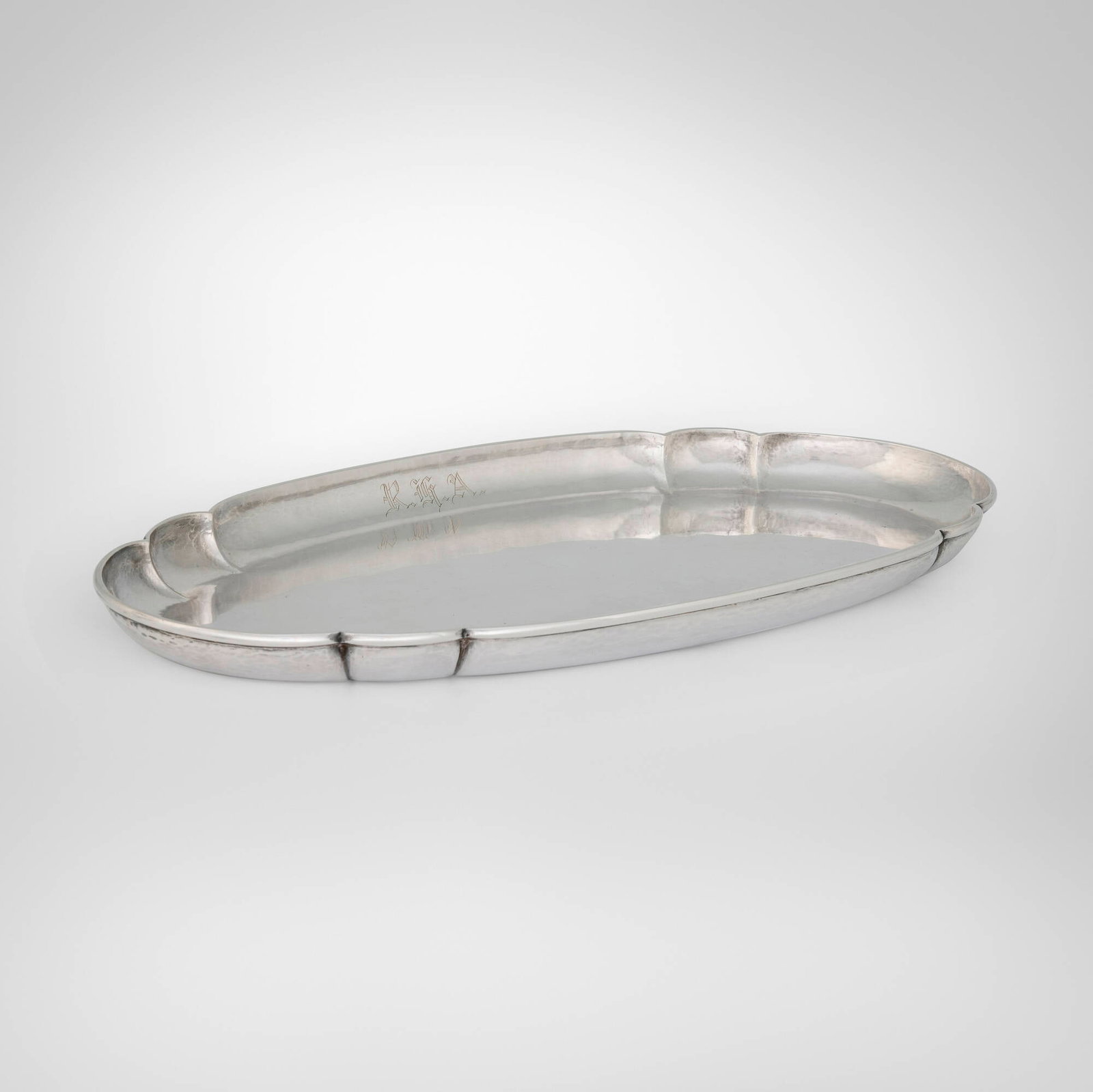 Bjarne Becker (B.B.) Andersen, Oval lobed tray: Bjarne Becker (B.B.) Andersen Oval lobed tray Norway/USA, c. 1910 sterling silver 14 h x 7.25 w x 1 d in (36 x 18 x 3 cm) Impressed manufacturer's mark to underside 'Sterling Handwrought