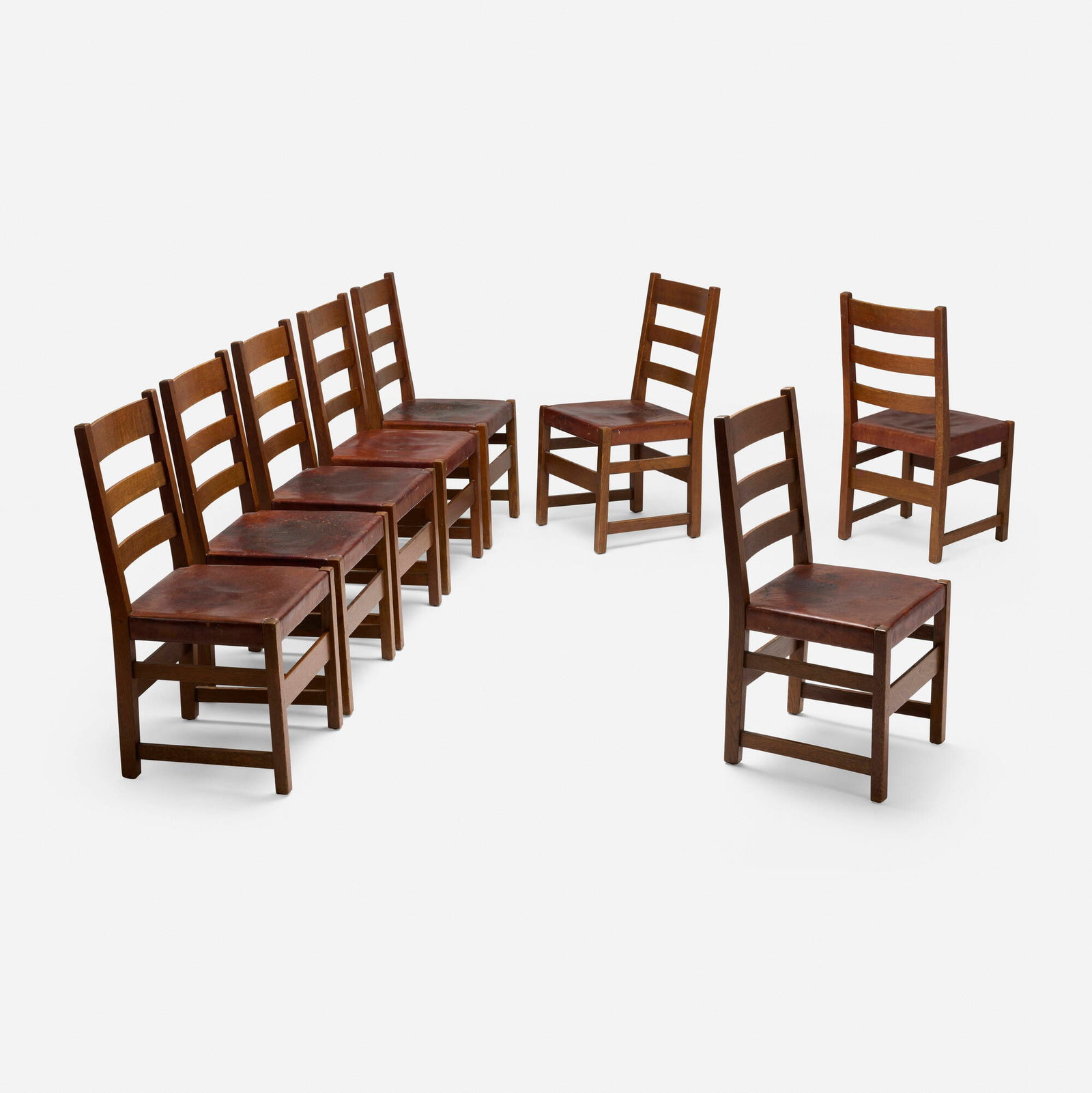L. & J.G. Stickley, Dining chairs model 360, set of eight: L. & J.G. Stickley Dining chairs model 360, set of eight USA, 1906-12 oak, leather 36.5 h x 18 w x 17 d in (93 x 46 x 43 cm) Decal manufacturer's label to back stretcher of each example 'L.