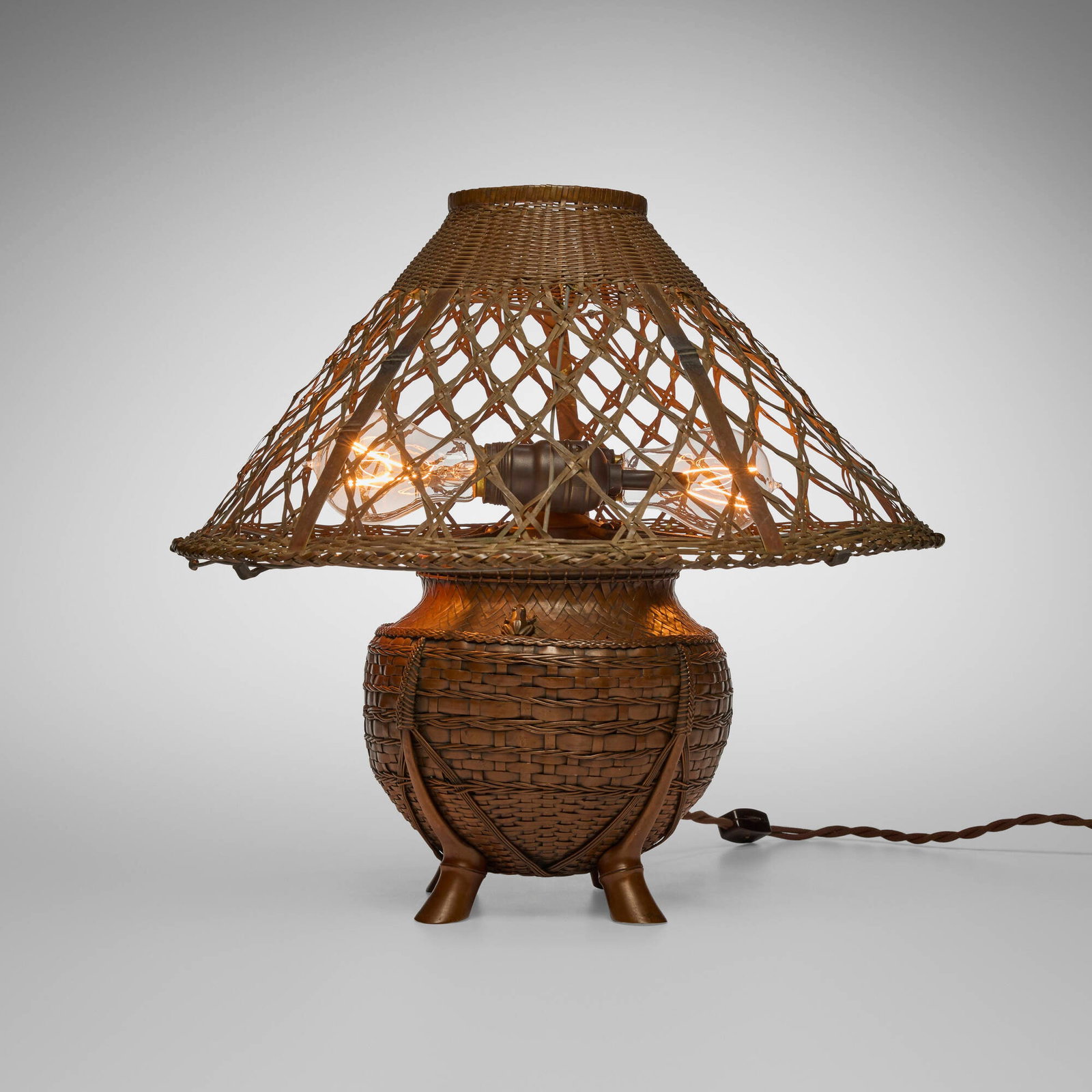 Japanese, Table lamp with diminutive frog: Japanese Table lamp with diminutive frog Meiji period (early 20th century) woven copper, brass 14.5 h x 16 dia in (37 x 41 cm) Provenance: Collection of Gary Diamond, Los Angeles This work will ship