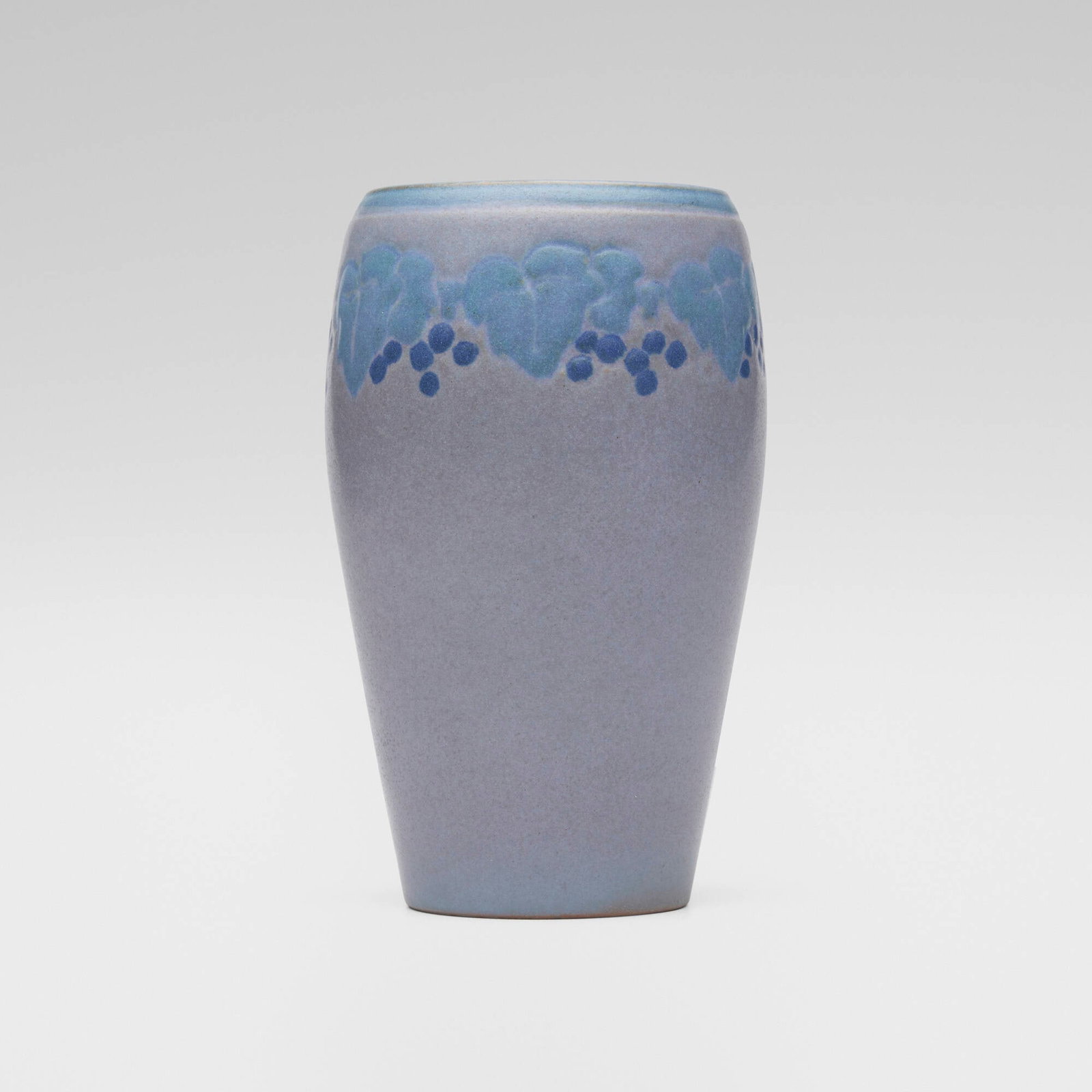 Marblehead Pottery, Vase with grapevine: Marblehead Pottery Vase with grapevine USA, 1908-1920 glazed and incised earthenware 5.5 h x 3.25 dia in (14 x 8 cm) Impressed manufacturer's mark to underside 'MP' with ship symbol.