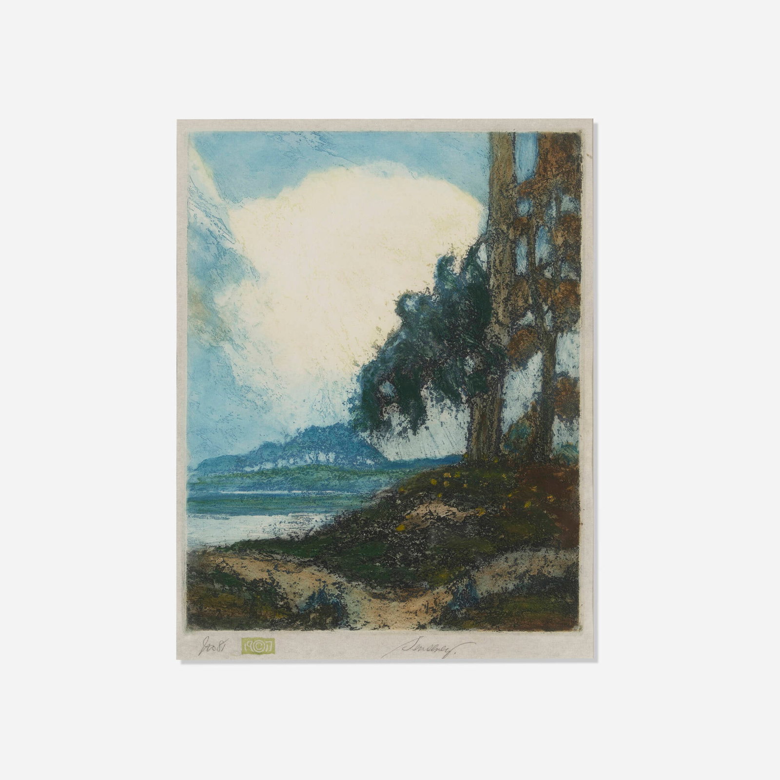 George Senseney, Landscape: George Senseney Landscape 1917 etching and aquatint in colors image: 11.625 h x 9.125 w in (30 x 23 cm) sight: 12.5 h x 9.625 w in (32 x 24 cm) Signed and numbered to lower margin 'no. 81