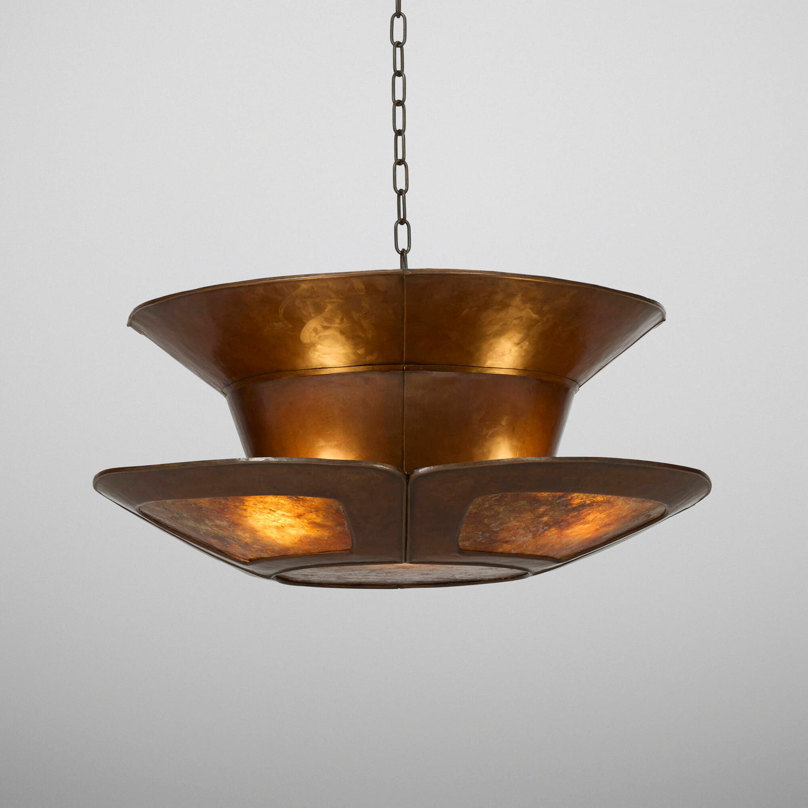 Harry St. John Dixon, Chandelier: Harry St. John Dixon Chandelier USA, c. 1921-25 handwrought copper, mica 45 h x 28 dia in (114 x 71 cm) Provenance: Private Collection | California Historical Design, Alameda, Arts & Crafts Auction,
