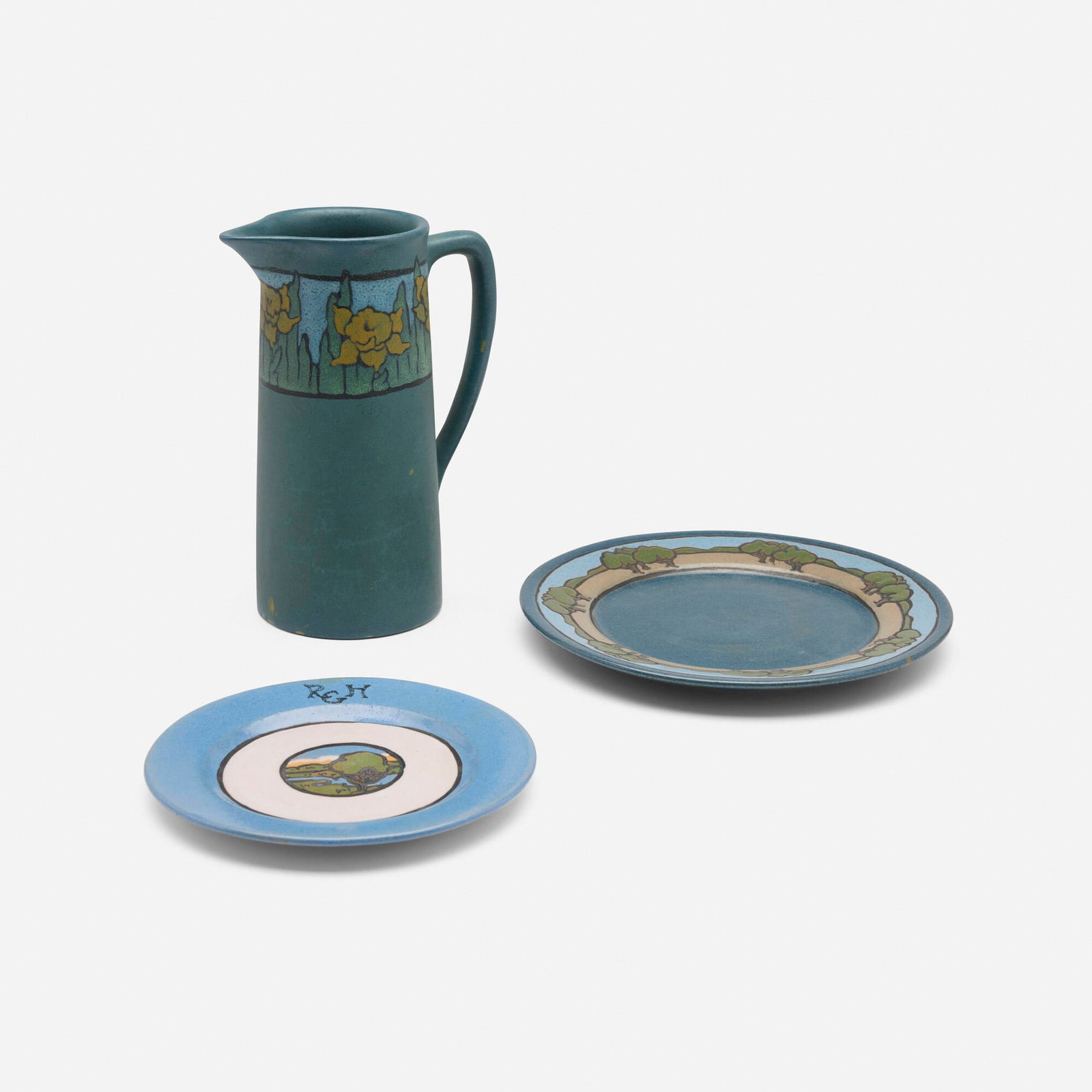 Saturday Evening Girls and Paul Revere Pottery, Collection of three table articles: Saturday Evening Girls and Paul Revere Pottery Collection of three table articles USA, 1920-24 glazed earthenware 7.75 h x 5.5 w x 3.5 d in (20 x 14 x 9 cm) 0.5 h x 6.25 dia in (1 x 16 cm) 0.5 h x