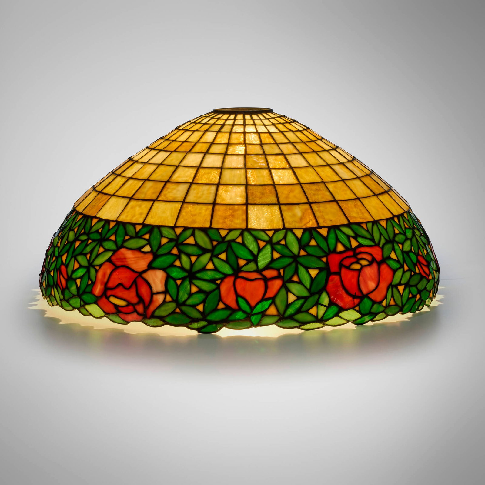 American, Hanging lamp shade with roses: American Hanging lamp shade with roses c. 1920 leaded glass 12 h x 25.5 dia in (30 x 65 cm) Provenance: Collection of Gary Diamond, Los Angeles This work will ship from Chicago, Illinois.