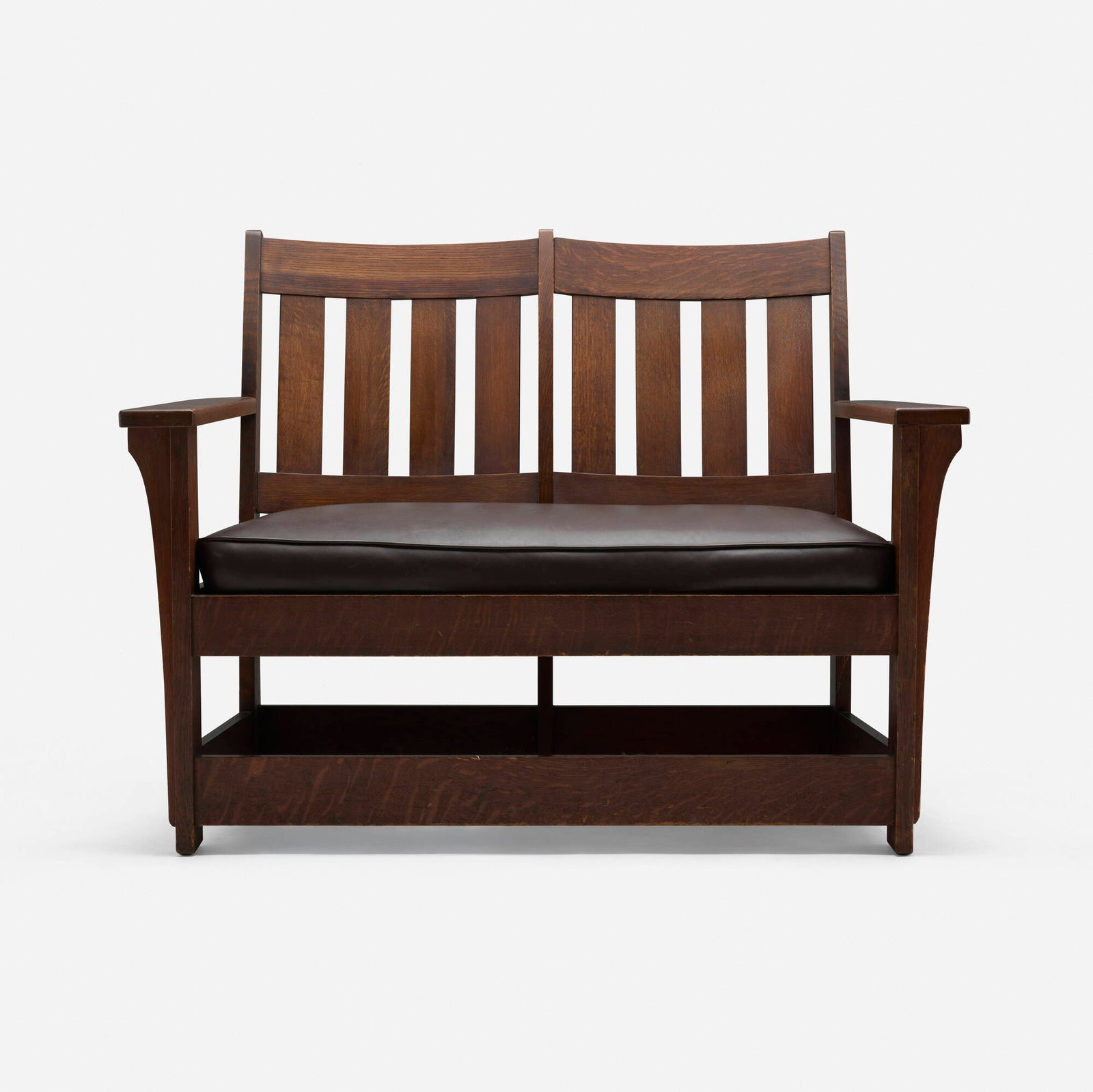 Limbert, Settee, model 697: Limbert Settee, model 697 USA, c. 1910 oak, leather 36.5 h x 47.5 w x 26 d in (93 x 121 x 66 cm) Branded manufacturer's mark to underside 'Limberts Arts & Crafts Furniture Made in Grand Rapids