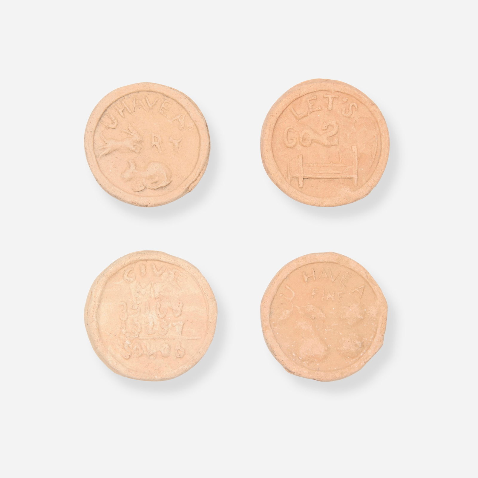 George E. Ohr, Collection of four brothel tokens: George E. Ohr Collection of four brothel tokens USA, c. 1900 bisque earthenware each: 1.25 dia in (3 cm) Provenance: Estate of Martin and Estelle Shack This work will ship from Lambertville, New