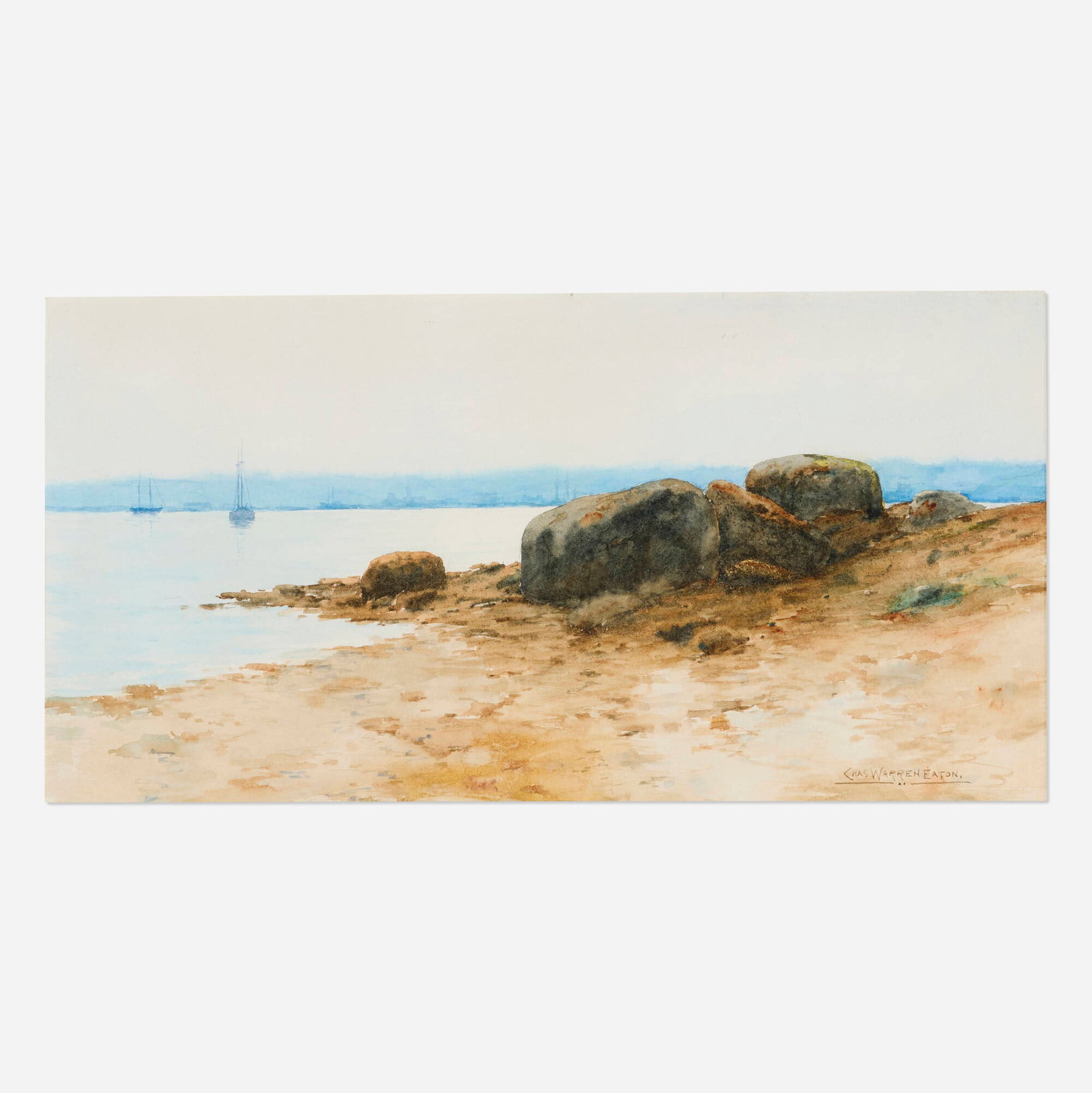 Charles Warren Eaton, Beach Landscape: Charles Warren Eaton Beach Landscape watercolor on paper sight: 9.75 h x 17.25 w in (25 x 44 cm) Signed to lower right 'Chas Warren Eaton'. Provenance: Private Collection, New York This