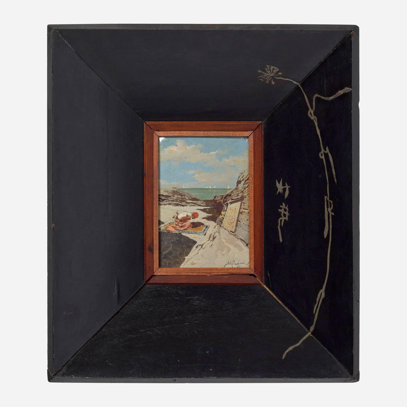 Riccardo Pellegrini and Carlo Bugatti, Orientalist Scene: Riccardo Pellegrini and Carlo Bugatti Orientalist Scene c. 1910 oil on panel in artist's ebonized walnut frame with pewter inlay 21.25 h x 18.5 w x 5.5 d in (54 x 47 x 14 cm) Signed to lower right