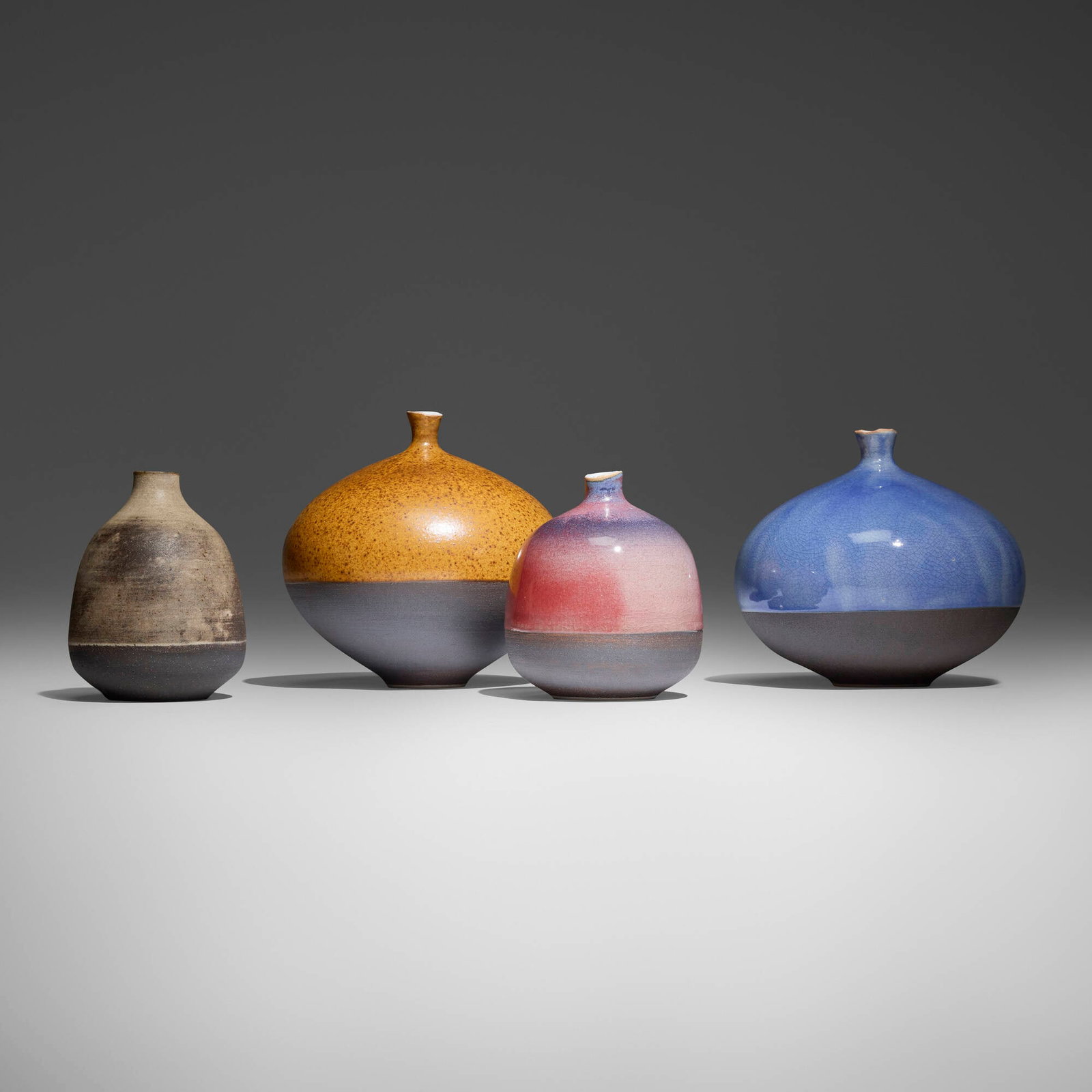 Kevin Nguyen, Collection of four vases: Kevin Nguyen Collection of four vases USA, 2006 glazed stoneware largest: 9.25 h x 9.5 dia in (23 x 24 cm) smallest: 5 h x 7.25 dia in (13 x 18 cm) Incised signature and date to underside of