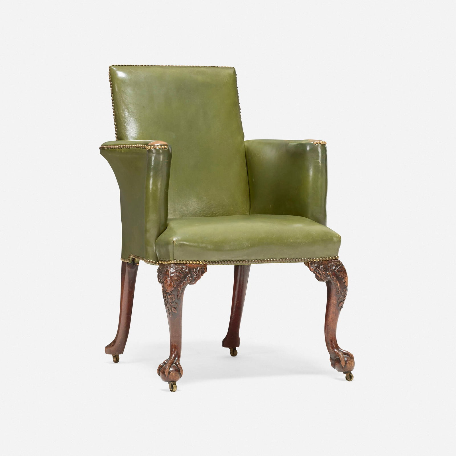 George III, Armchair: George III Armchair 19th century leather, mahogany, brass 39.25 h x 25.75 w x 29 d in (100 x 65 x 74 cm) Impressed to back leg 'WH'. This work will ship from Los Angeles, California.
