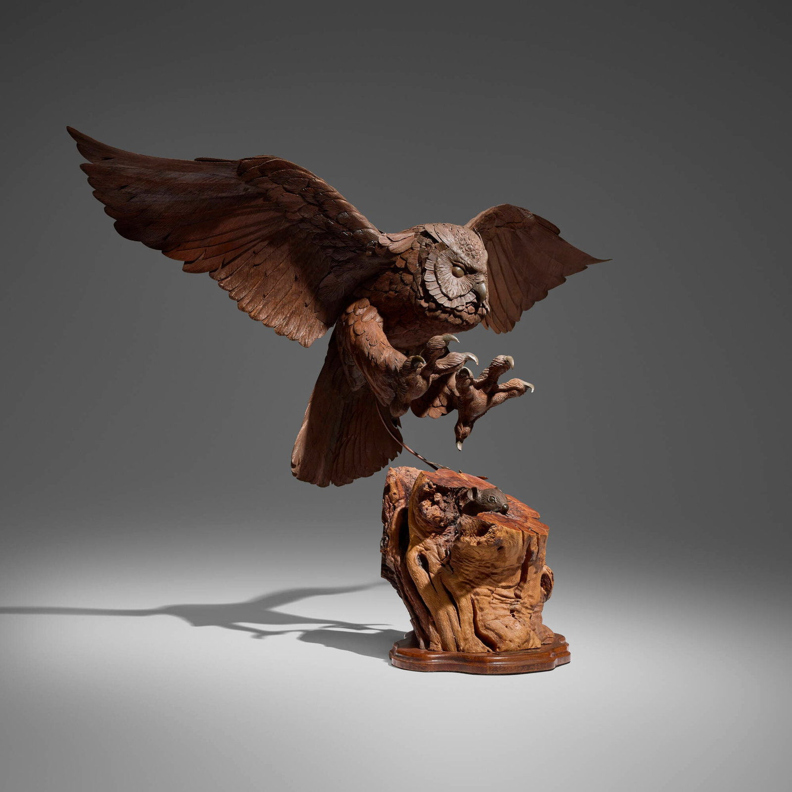 John Fairfield, Woodrat with Owl: John Fairfield Woodrat with Owl 1984 carved wood 22.75 h x 34.5 w x 16 d in (58 x 88 x 41 cm) Incised signature and date to edge of base 'Fairfield 1984'. Metal plaque to base 'Woodrat