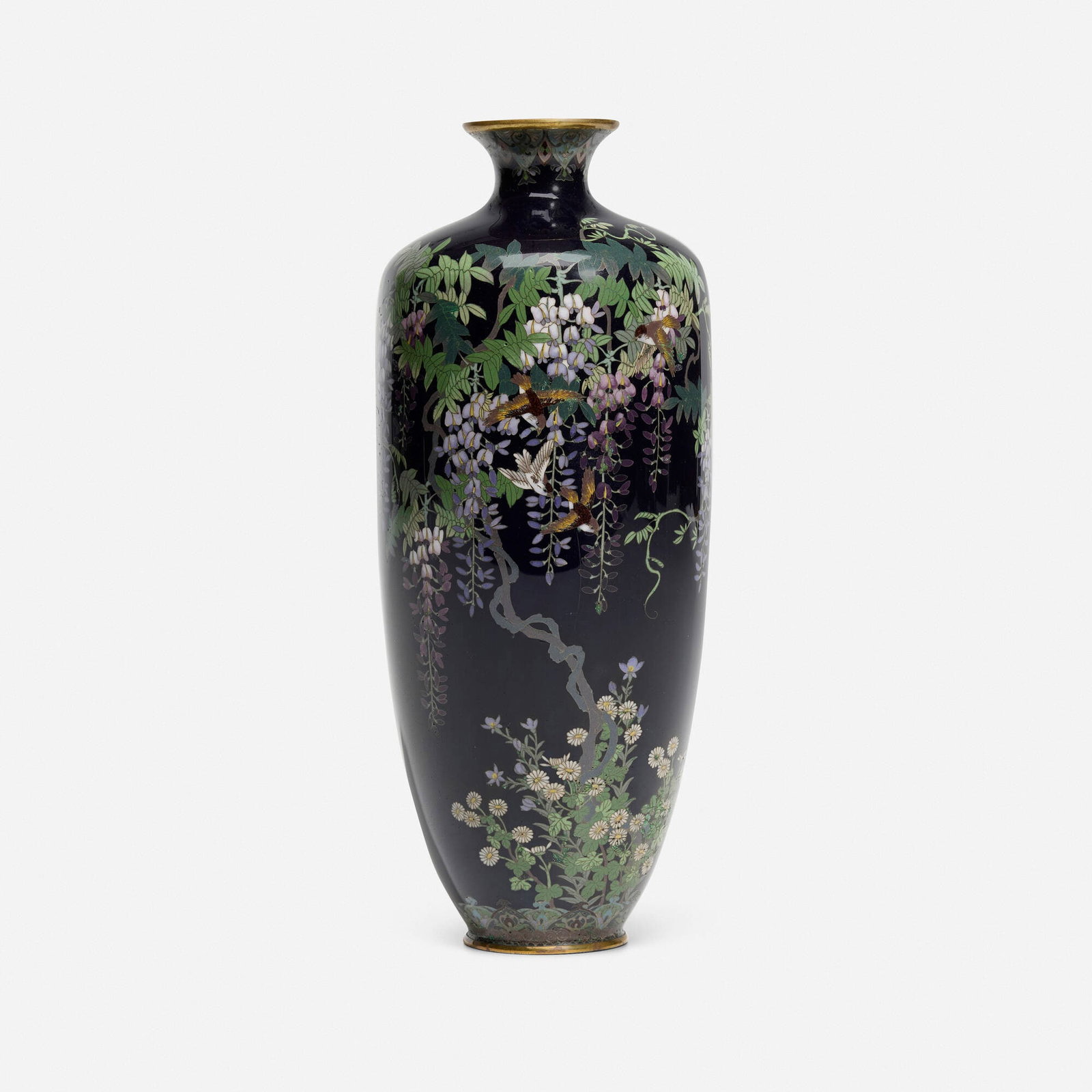 Japanese, Vase with wisteria, sparrows and chrysanthemum: Japanese Vase with wisteria, sparrows and chrysanthemum Meiji or Taisho period cloisonne enamel 9.375 h x 3.75 dia in (24 x 10 cm) This work will ship from Chicago, Illinois.