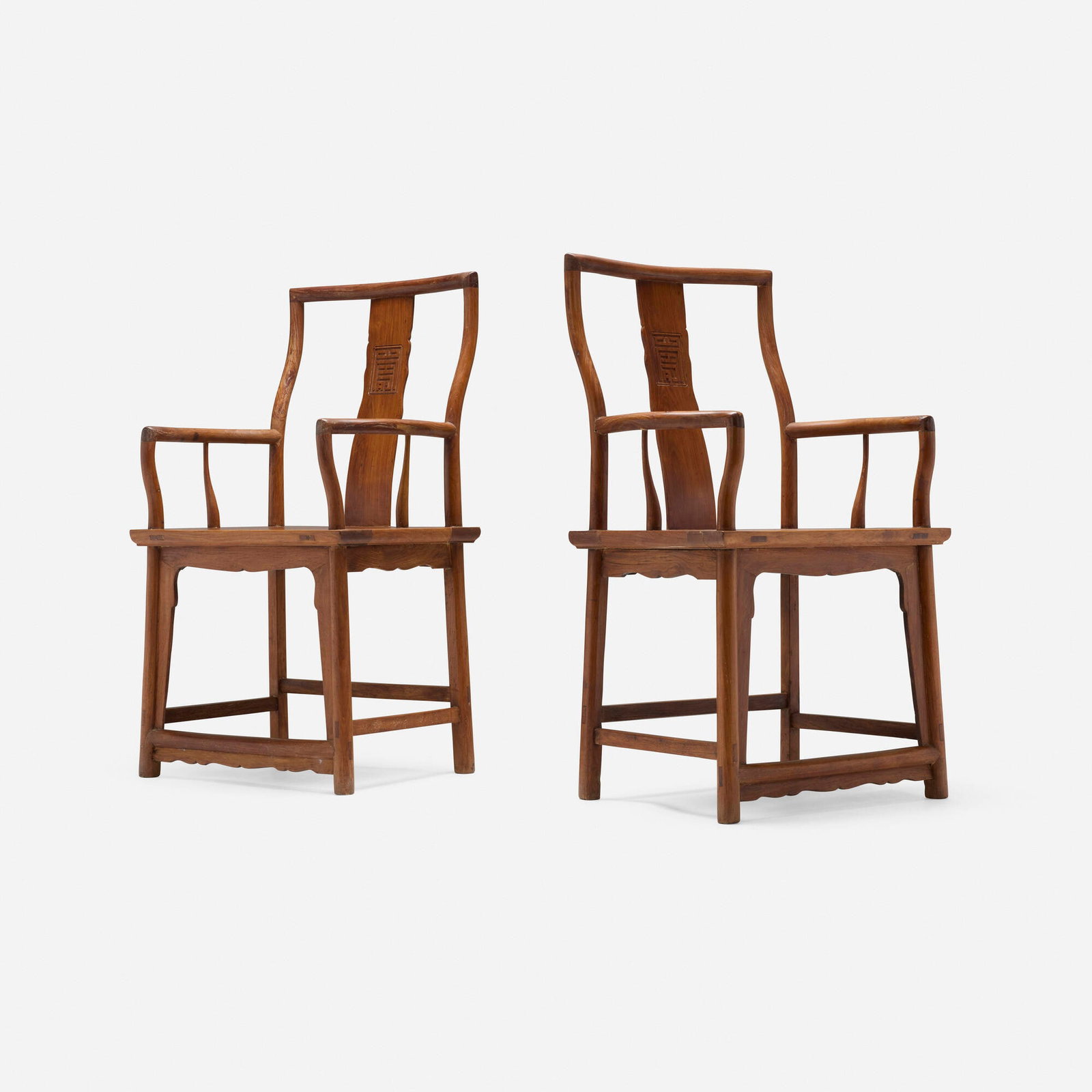 Chinese, Scholar's armchairs, pair: Chinese Scholar's armchairs, pair 18th century huanghuali (rosewood) 40.5 h x 22.5 w x 21.5 d in (103 x 57 x 55 cm) Provenance: Diane Genre Oriental Art Antiques, New Orleans | Acquired from the