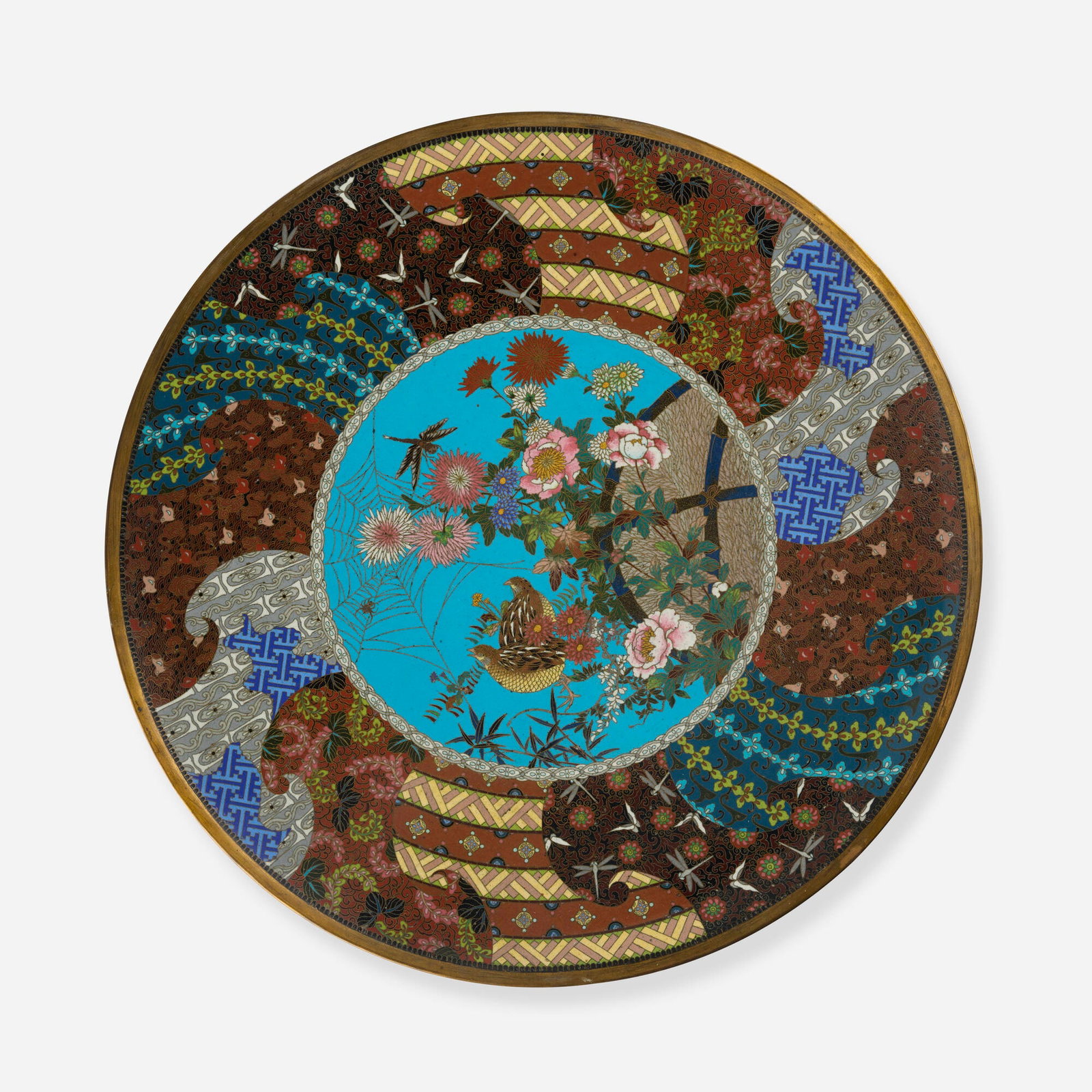 Japanese, Large charger: Japanese Large charger Meiji period (late 19th-early 20th century) cloisonne enamel 2.625 h x 21.75 dia in (7 x 55 cm) Charger features various flora and fauna motifs, including chrysanthemum, peony,