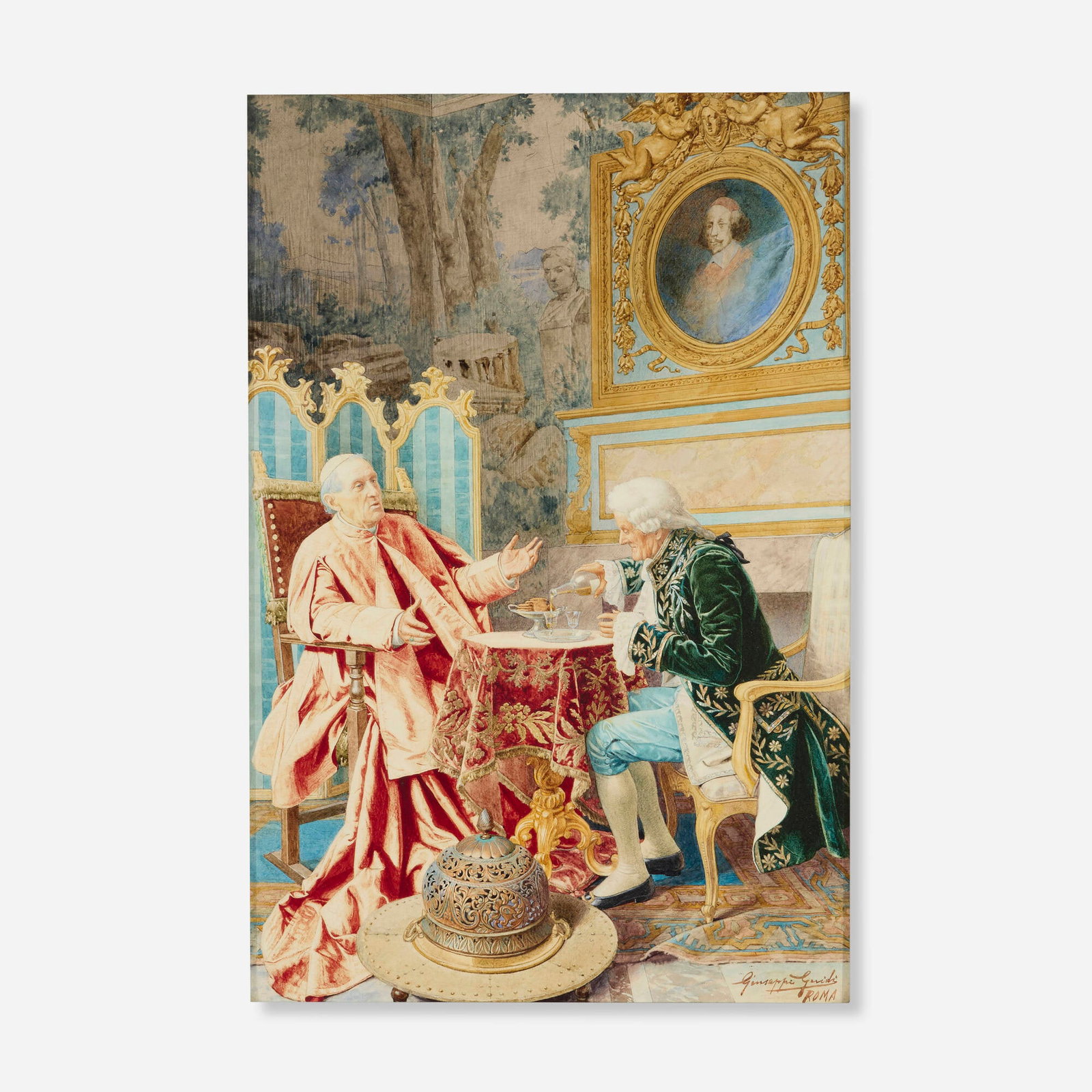 Giuseppe Guidi, Cardinal and Gentleman in an Interior: Giuseppe Guidi Cardinal and Gentleman in an Interior watercolor on paper sight: 21.25 h x 14 w in (54 x 36 cm) Signed and inscribed to lower right 'Giuseppe Guidi Roma'. Pro