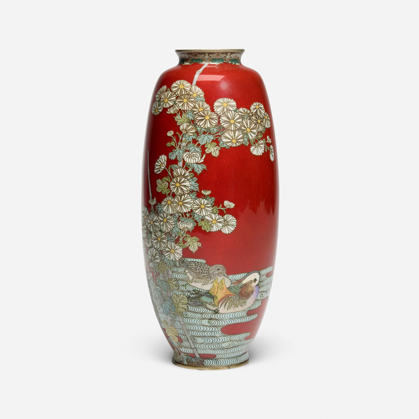 Ota Jinnoei, Vase with a pair of runner ducks and chrysanthemum: Ota Jinnoei Vase with a pair of runner ducks and chrysanthemum Japan, Meiji or Taisho period cloisonne enamel 12 h x 5.25 dia in (30 x 13 cm) Impressed manufacturer's mark to underside. This